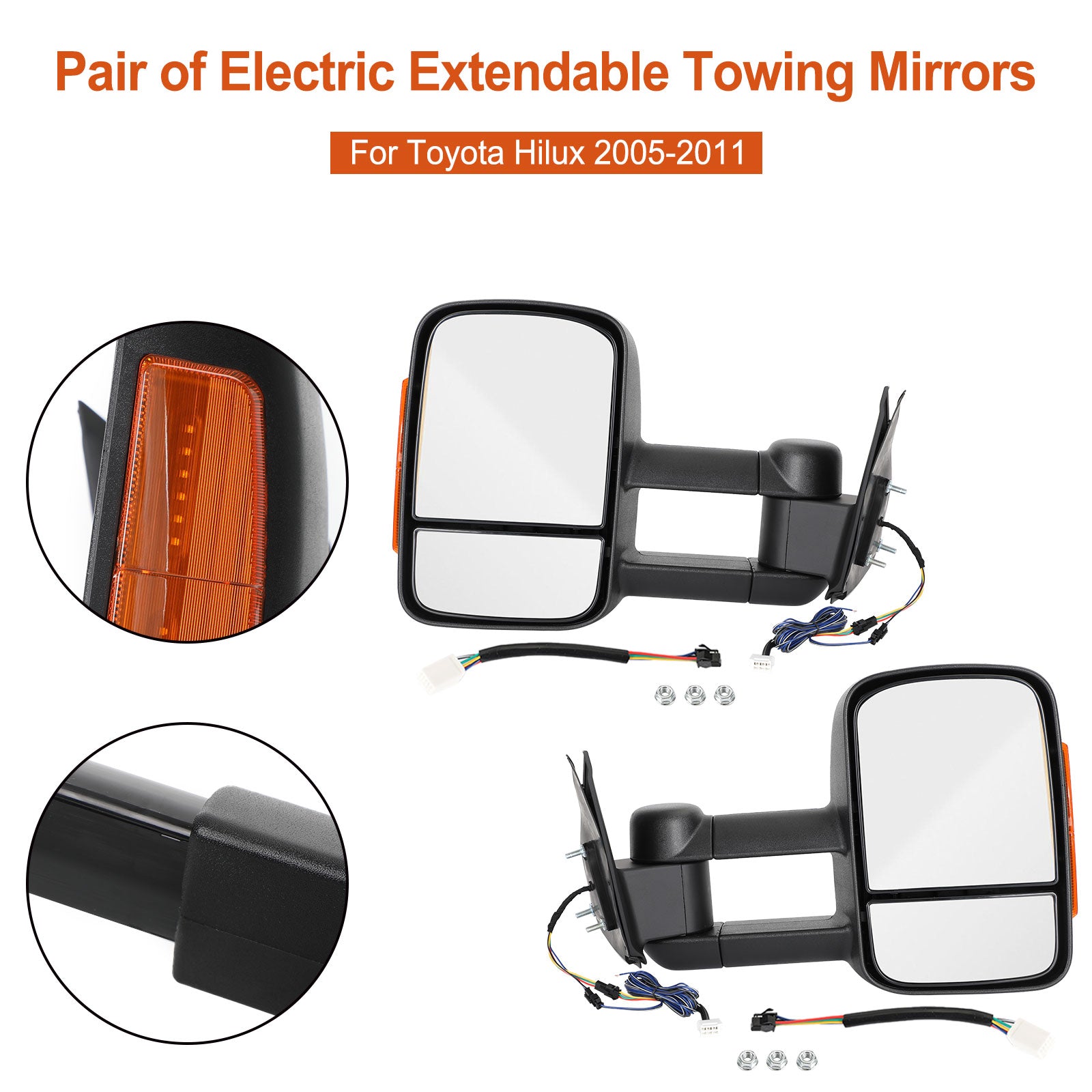 Pair of Electric Extendable Towing Mirrors Pour Toyota Hilux 2005-2011 Black