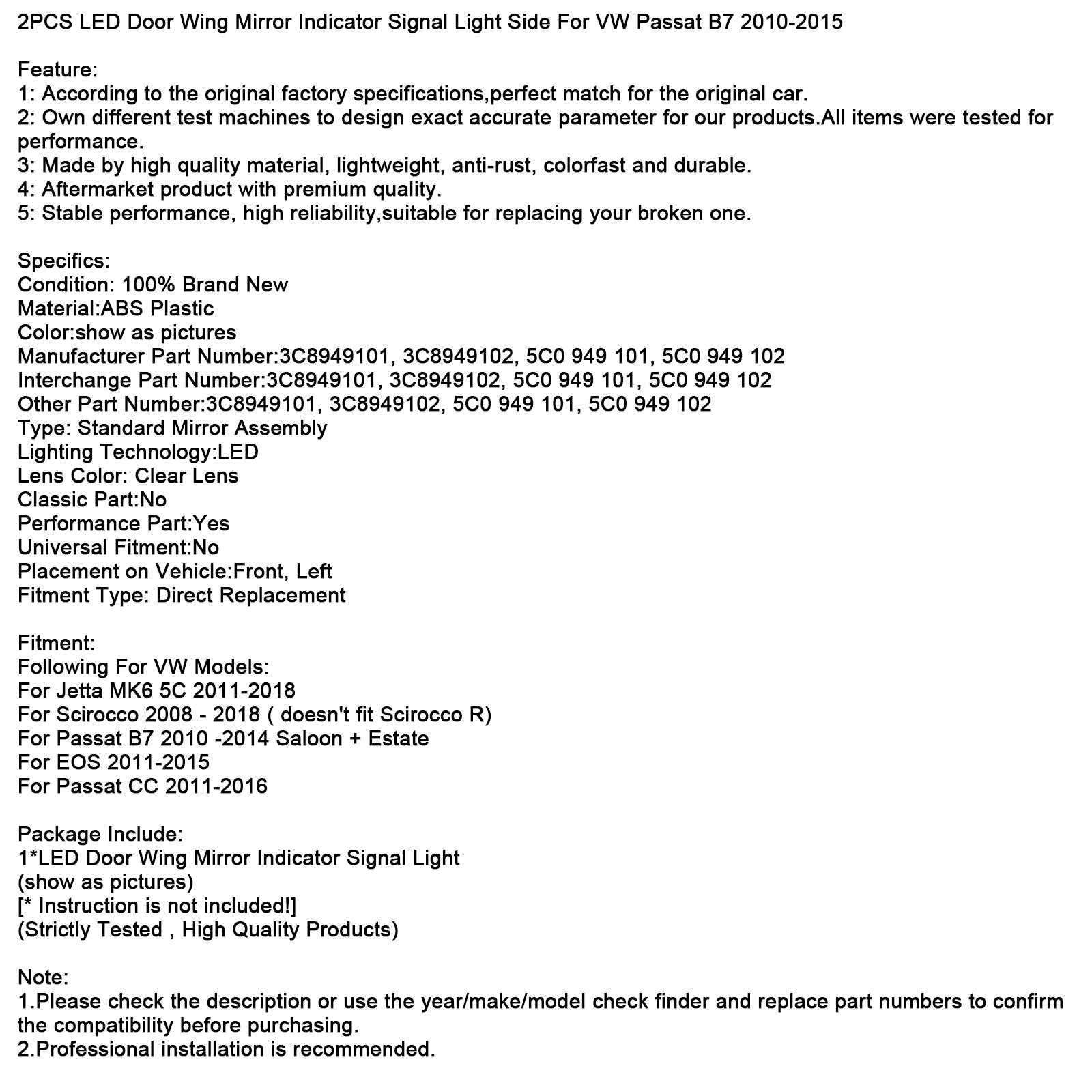 Conjunto de 2 señales de giro de espejos laterales para VW Passat B7 2010-2015