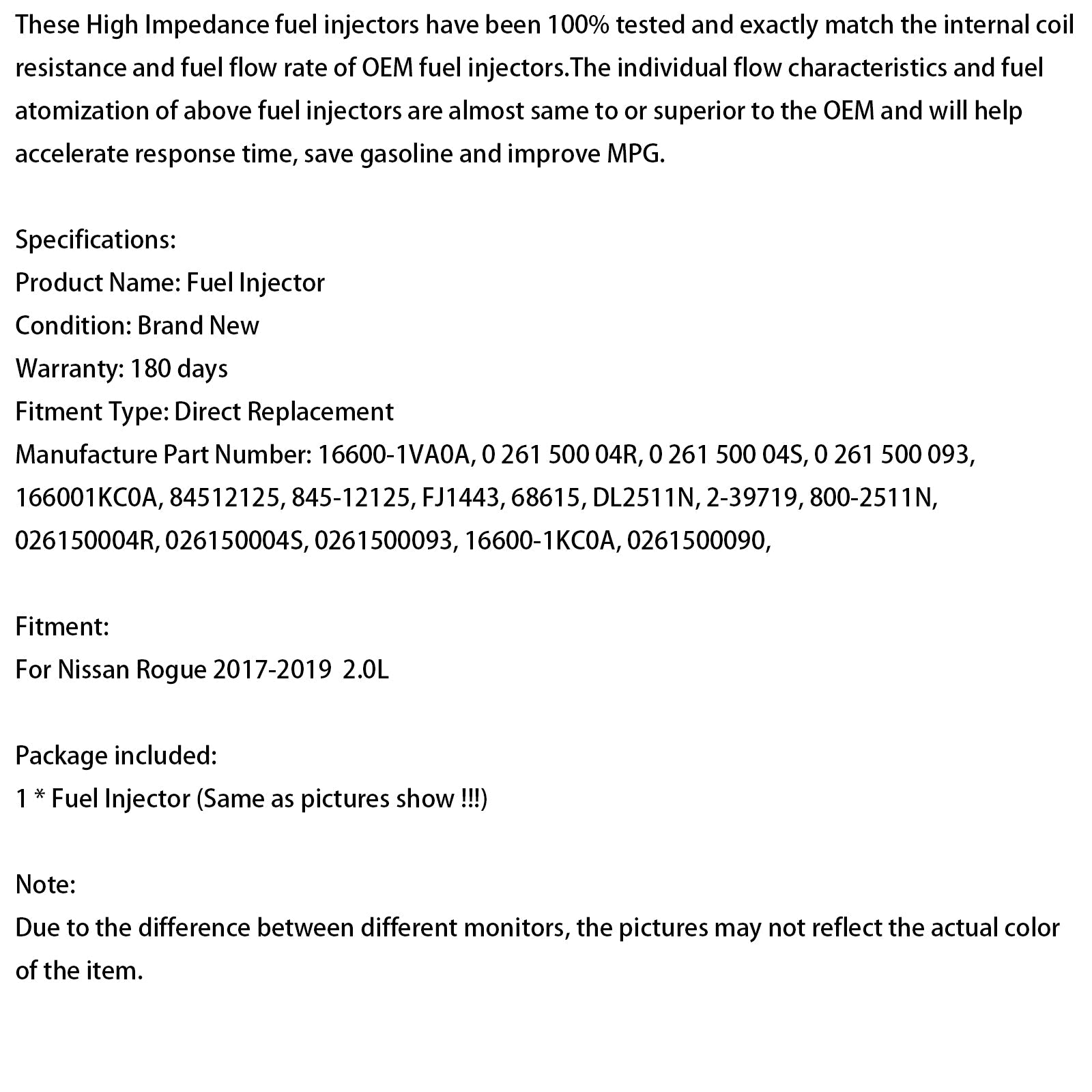 Iniettore di carburante 0261500090 16600-1VA0A per Nissan Rogue 2.0L 2017-2019