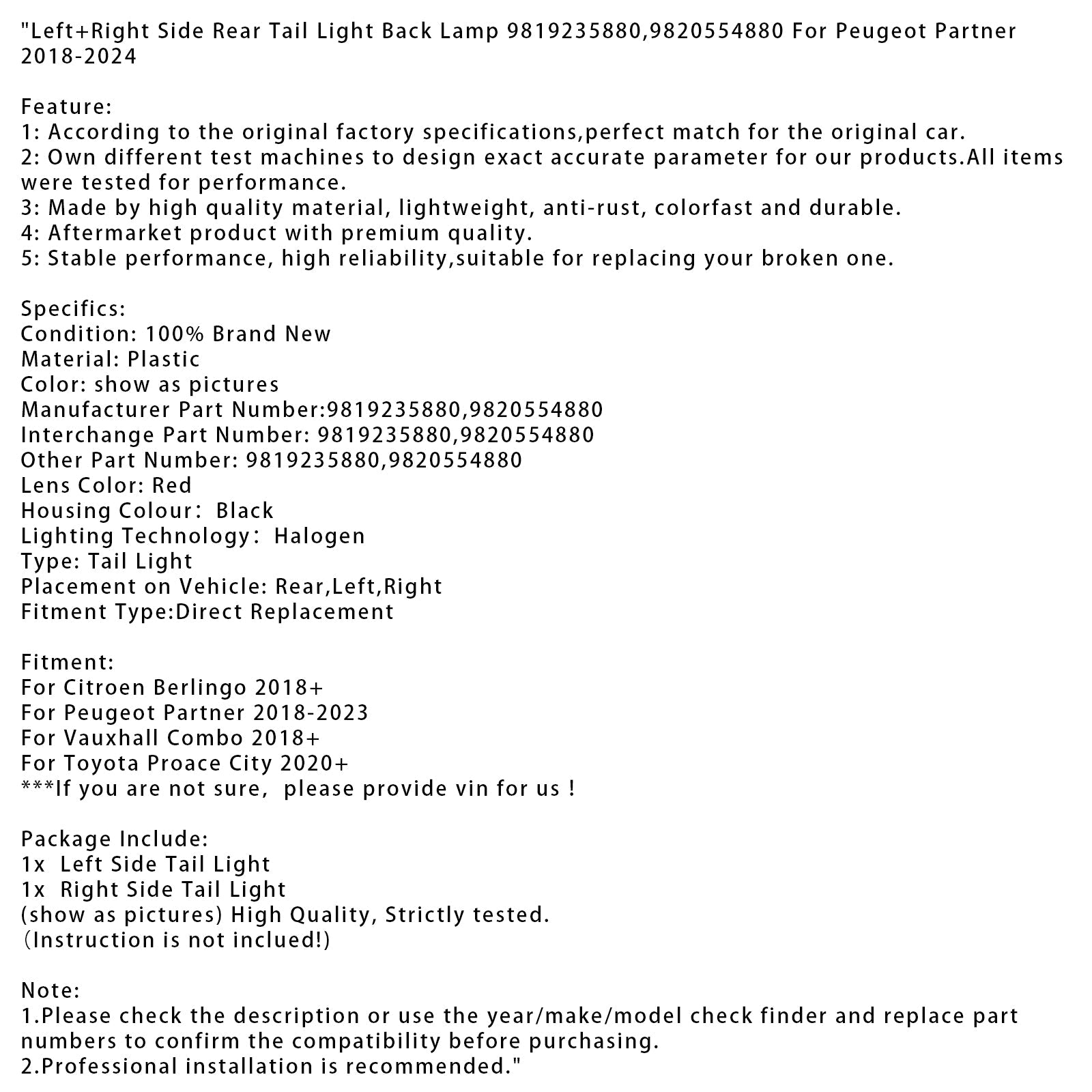 Feu arrière gauche et droit pour Peugeot Partner 2018-2024