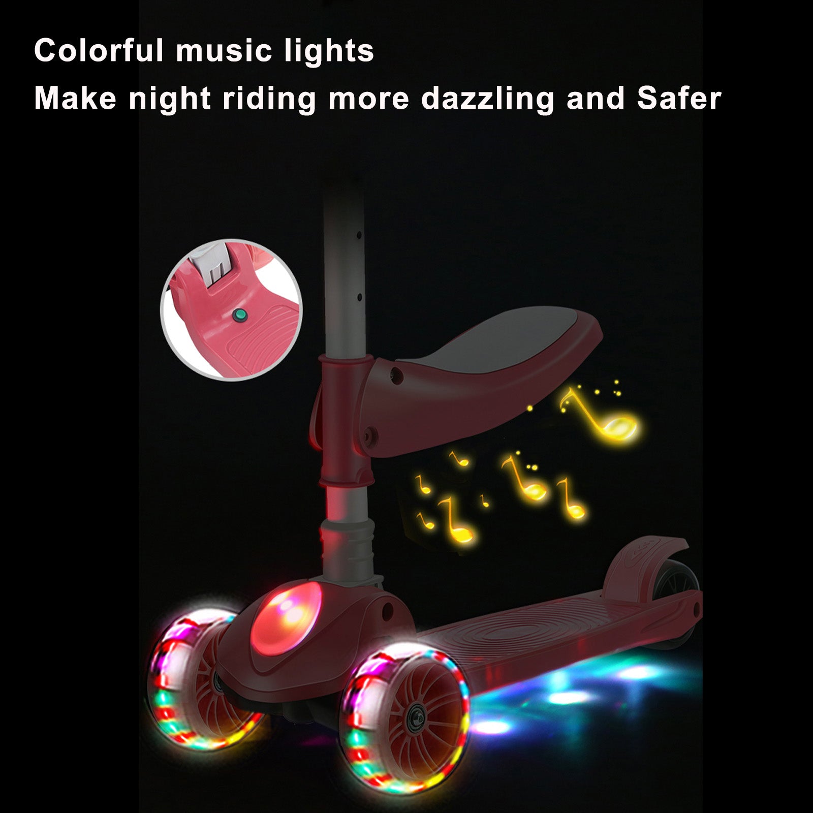 Trottinette Enfant 2 en 1, 3 Roues, à Siège Pliable et Barre Réglable avec Lumière - Bleu ou Rose