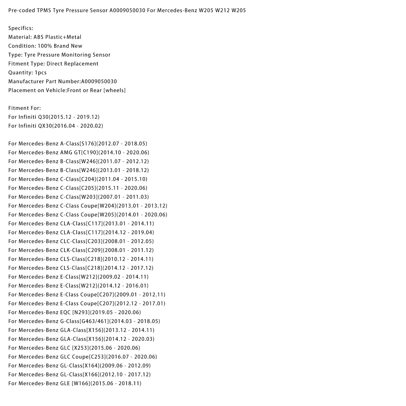 Capteur de pression des pneus TPMS A0009050030 pour Mercedes-Benz W205 W212 W205