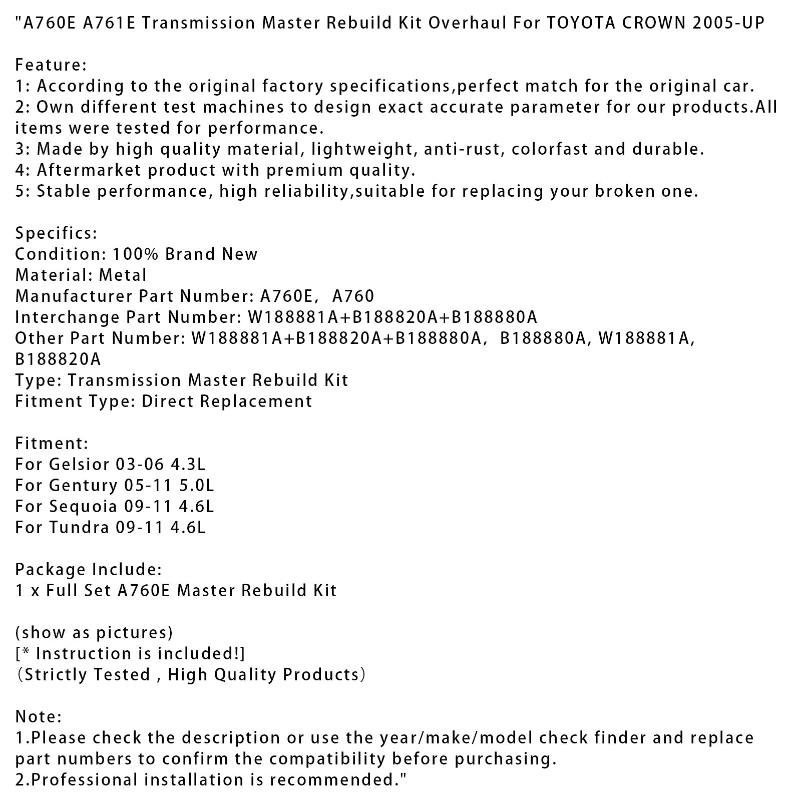 Kit of Reconstruction of the Tundra Transmission Master-Cylinder 4.6 L 2009-2011, Revisión completa A760E A761E
