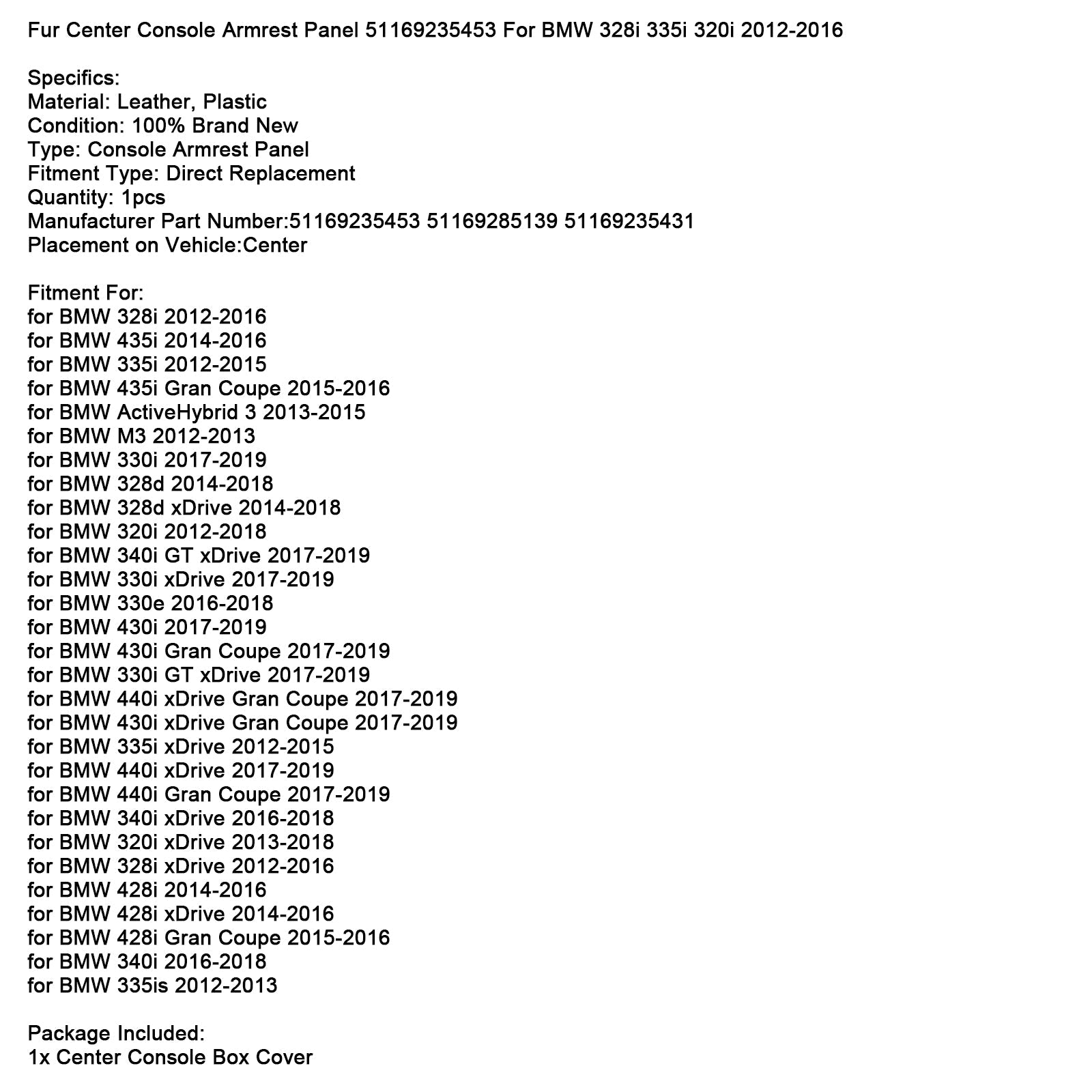 Sredinski naslon za roke s krznom 51169235453 za BMW 328i 335i 320i 2012-2016