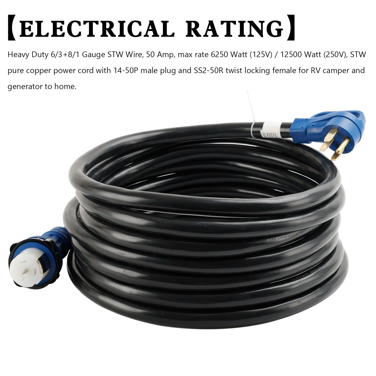 UL-gecertificeerd 50 Amp. 9 meter RV/generatorsnoer met vergrendelbare RV-connector