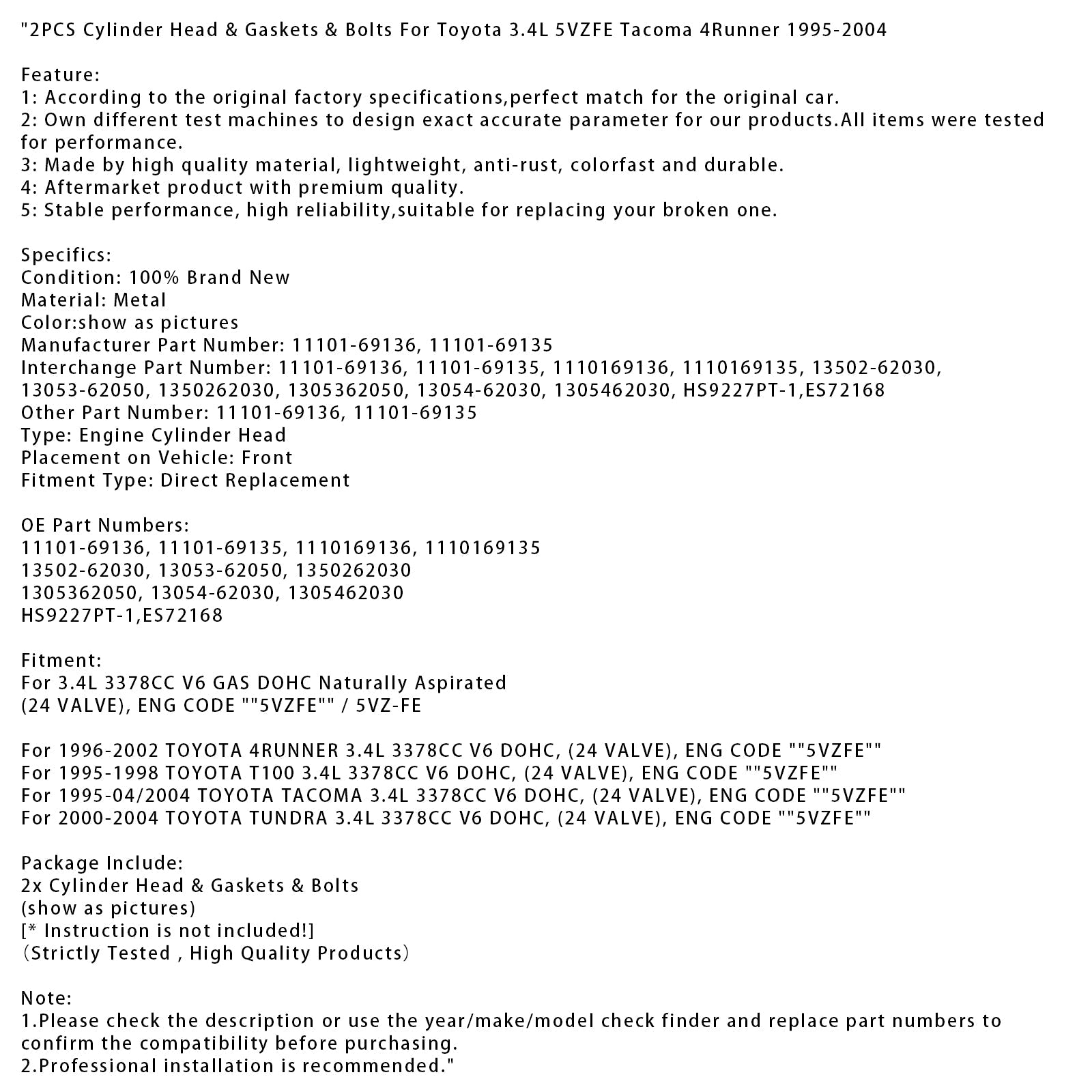 Luokat, liitokset ja pultit 11101-69136 130536205050 Toyota 4Runner 3,4L 1996-2002