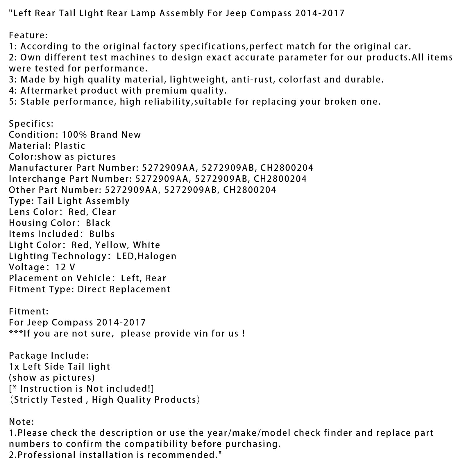 Leva zadnja luč za Jeep Compass 2014-2017