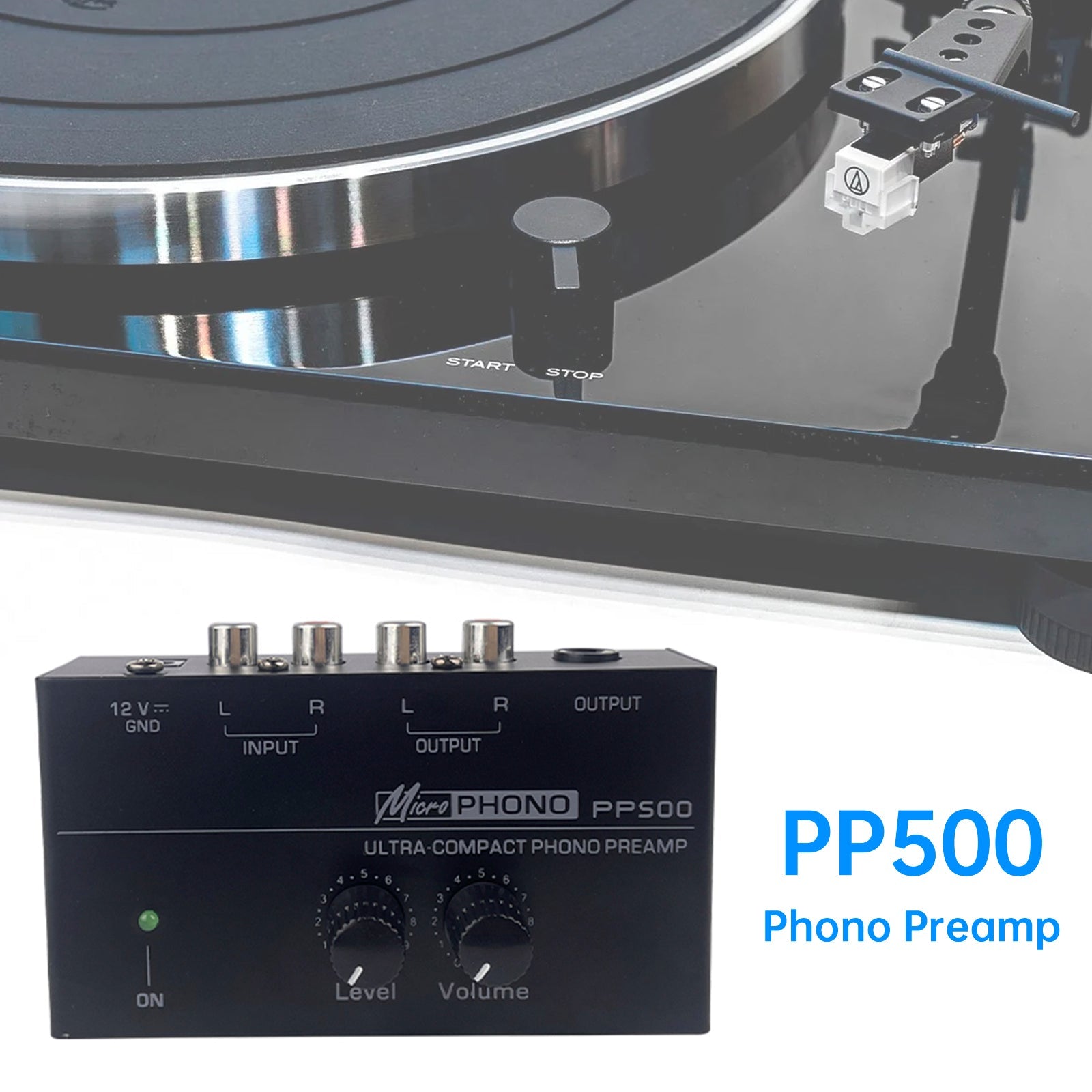 Preamplificador de fono PP500, control de volumen y nivel de 12 V para tocadiscos de vinilo LP