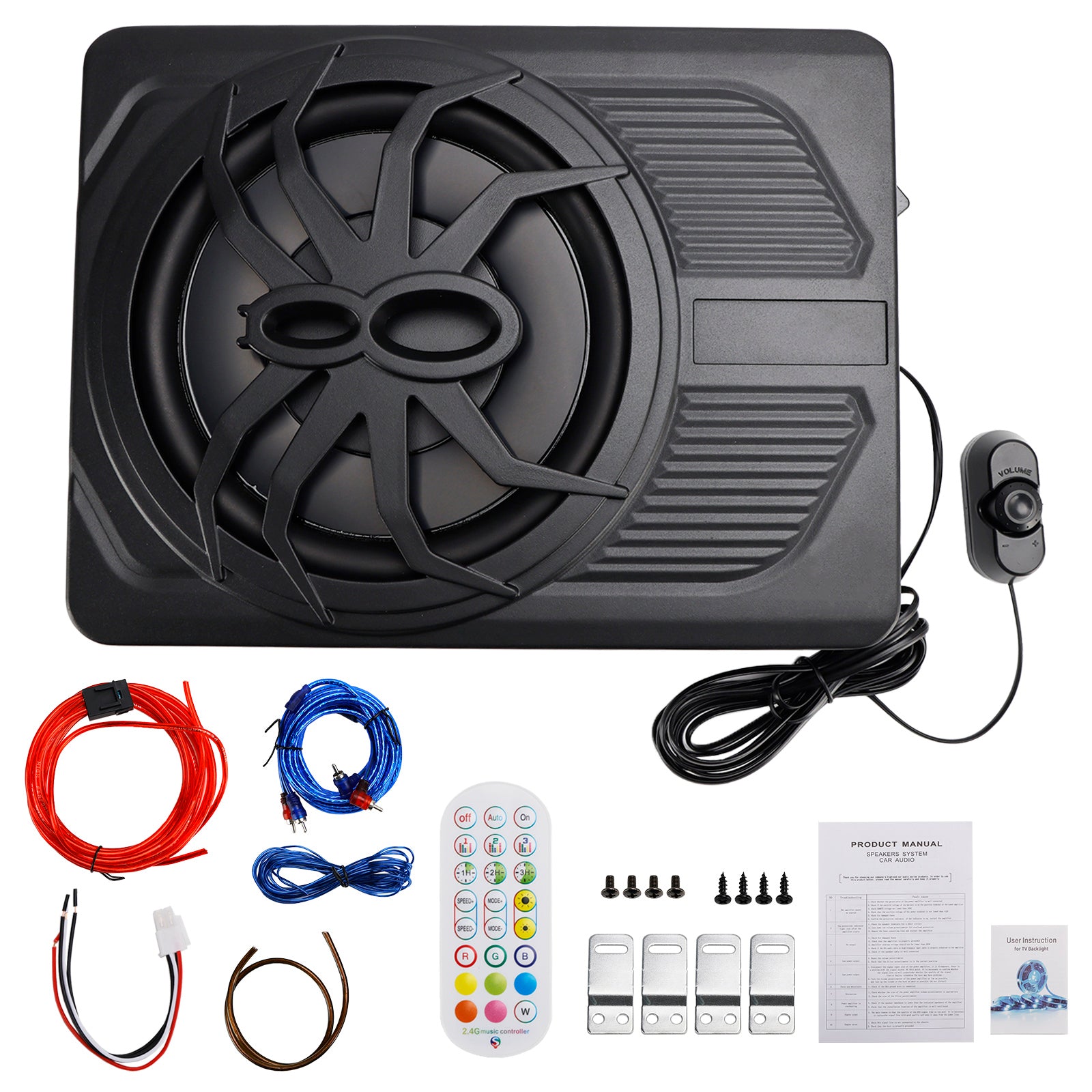 1200W Caisson de basses actif plat 10" 12V pour voiture, SUV et monospace, à installer sous le siège