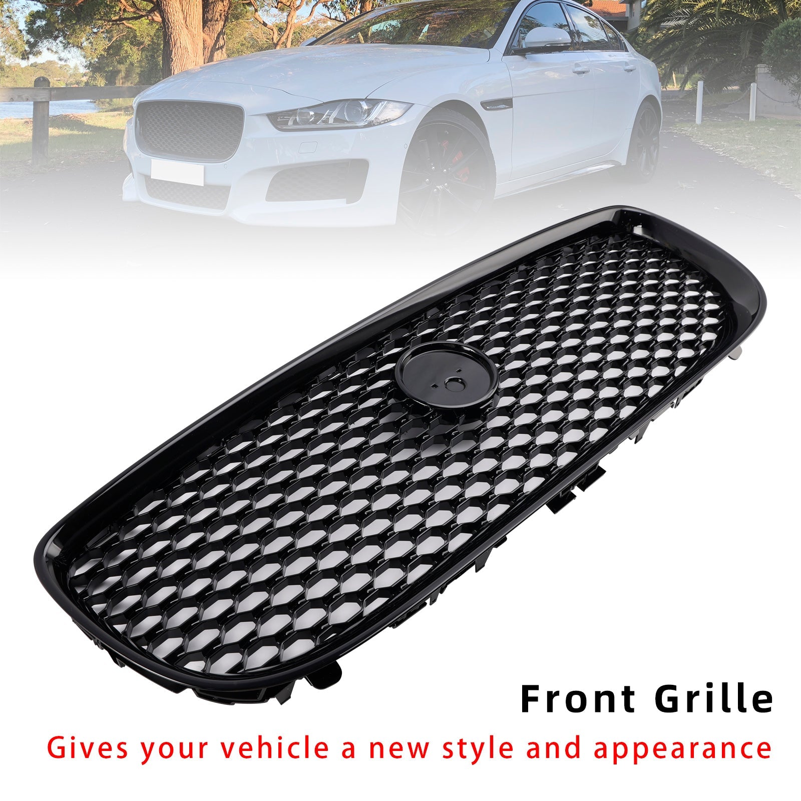 Etupuskurin ruudukko kiiltävässä mustassa hunajakennossa Jaguar XE: lle 2015-2018