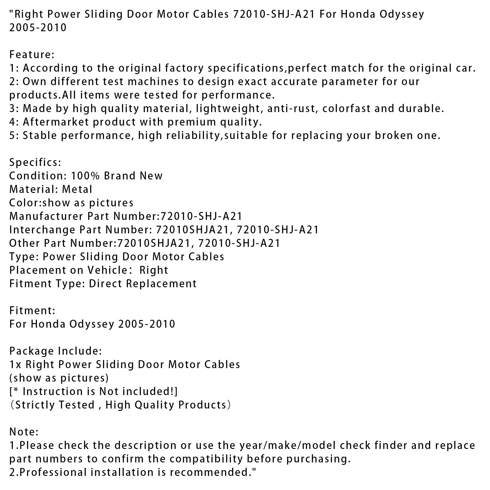 Câbles du moteur de porte coulissante électrique droite pour Honda Odyssey 2005-2010, référence 72010-SHJ-A21