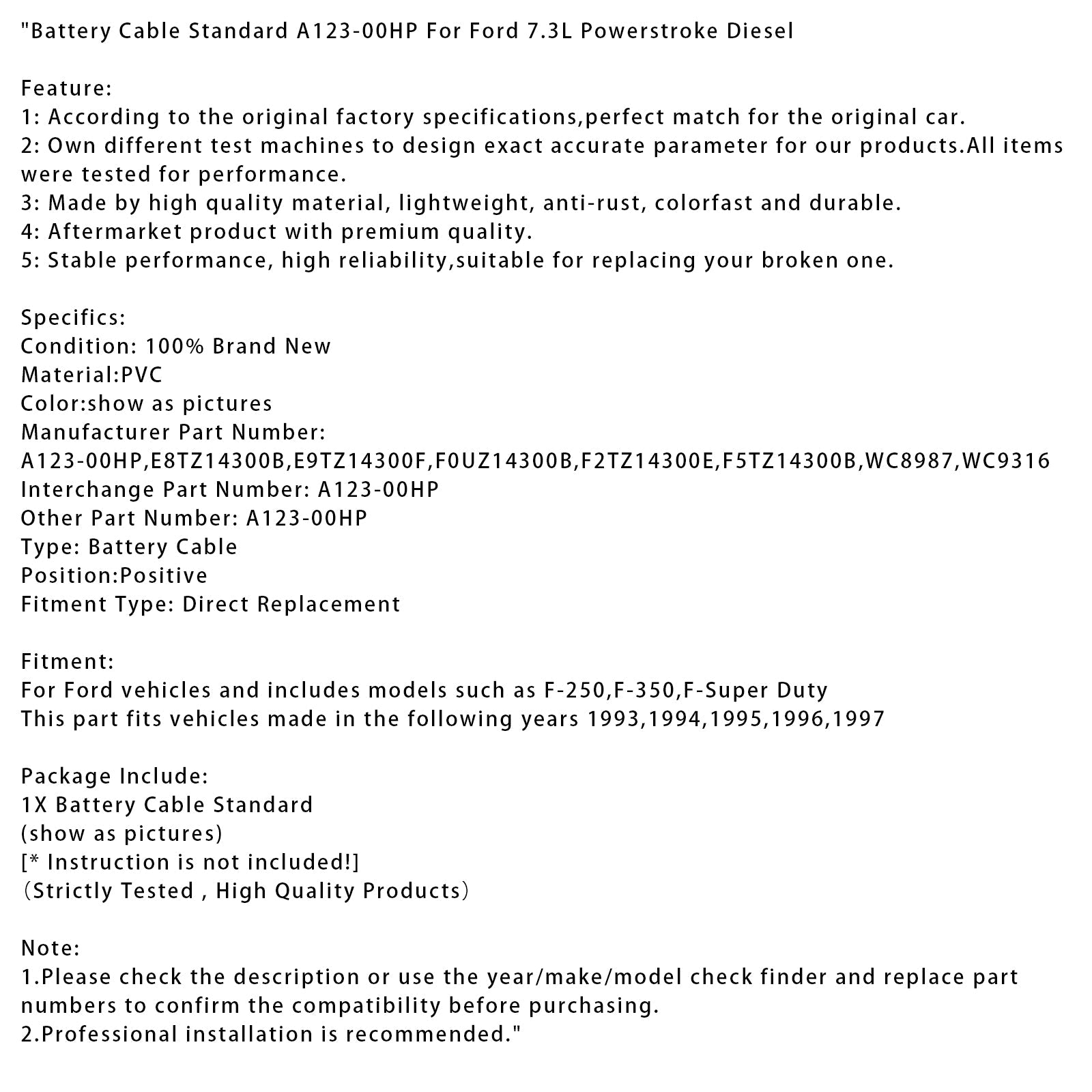 Câble de batterie standard pour moteur diesel Ford Powerstroke 7,3 L A123-00HP E9TZ14300F F0UZ14300B