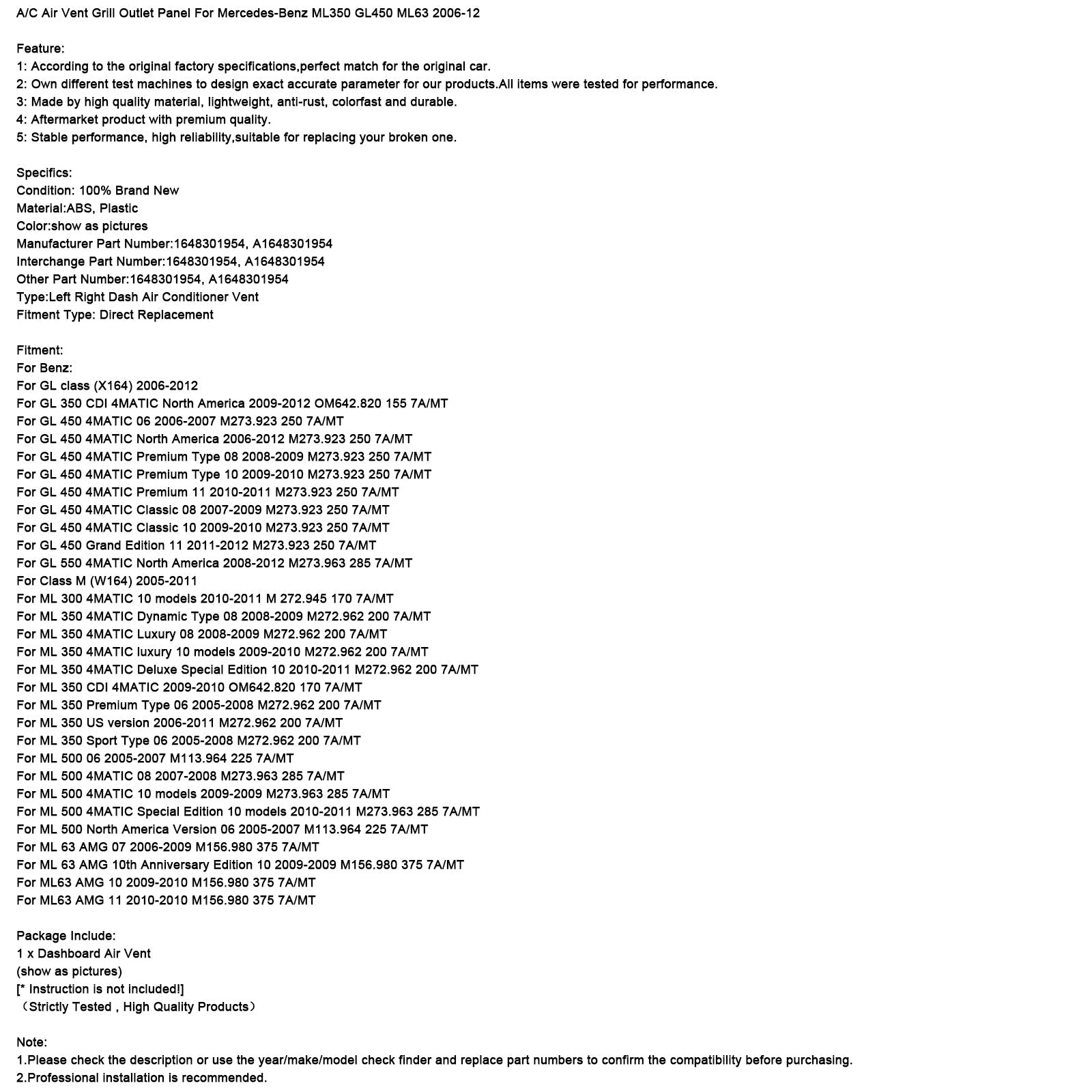 Grille de sortie d'air de climatisation pour Mercedes-Benz ML350 GL450 ML63 2006-2012