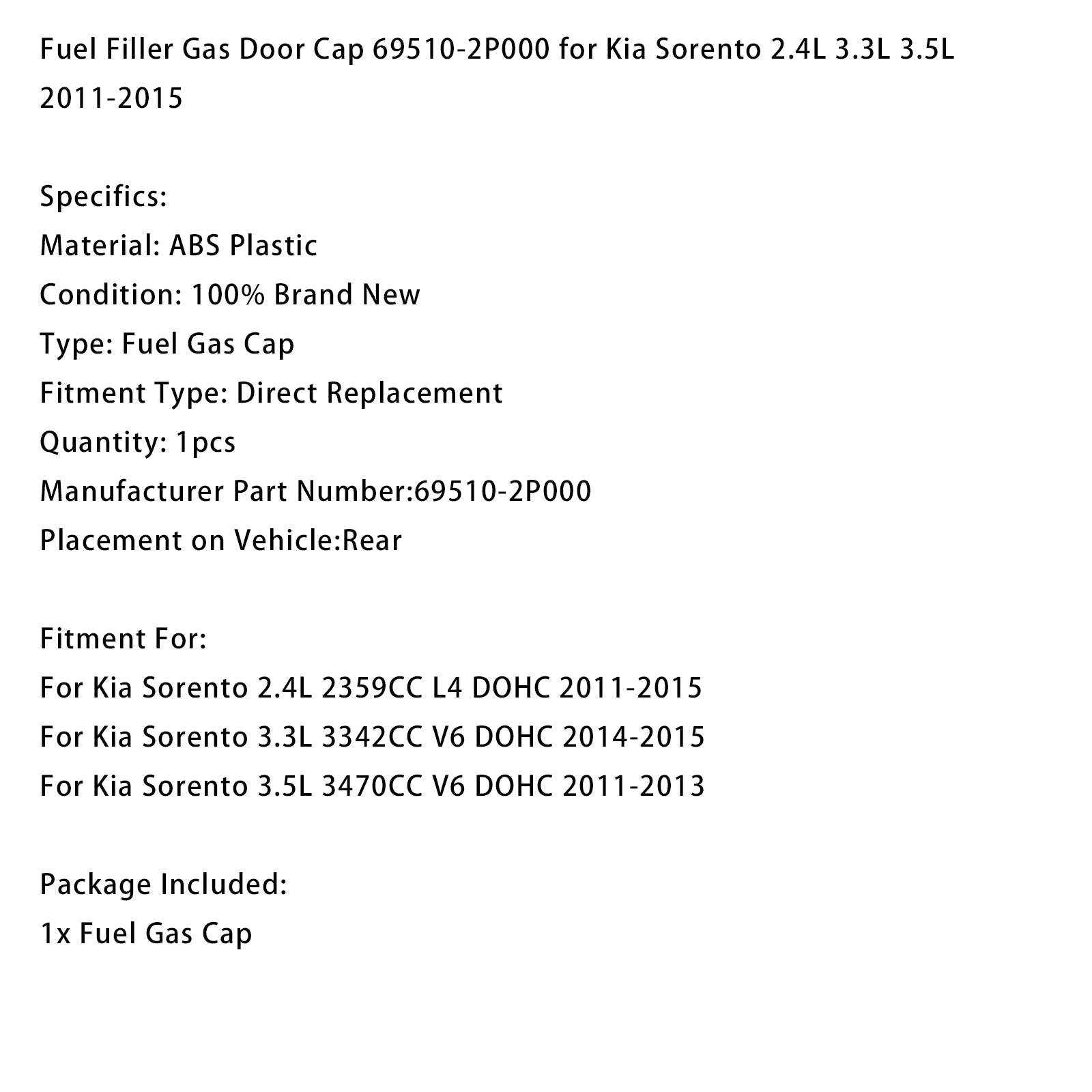 Brandstofklepdop 69510-2P000 voor Kia Sorento 2.4L 3.3L 3.5L 2011-2015