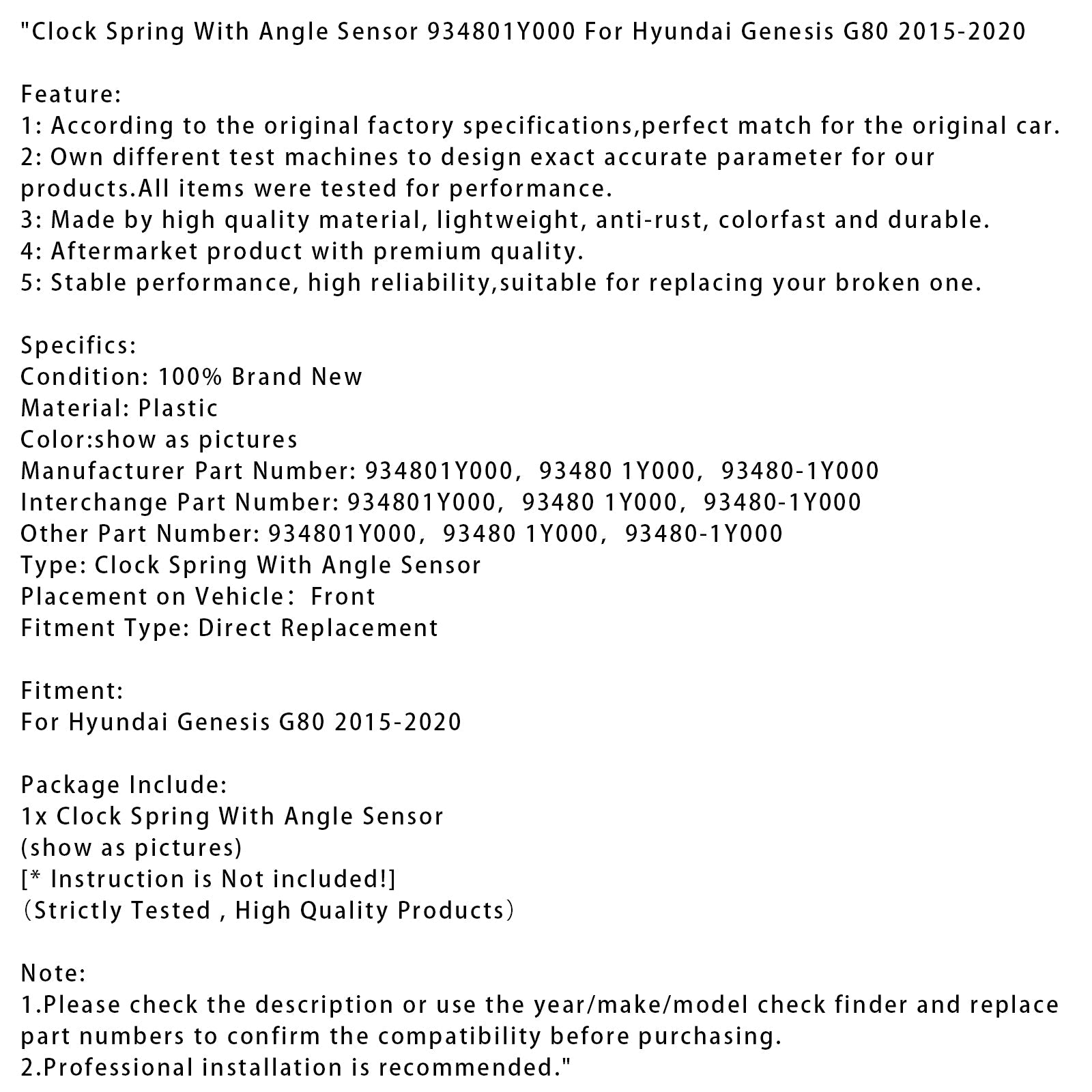 Resorte de retorno con sensor de ángulo para Hyundai Genesis G80 (2015-2020) 934801Y000