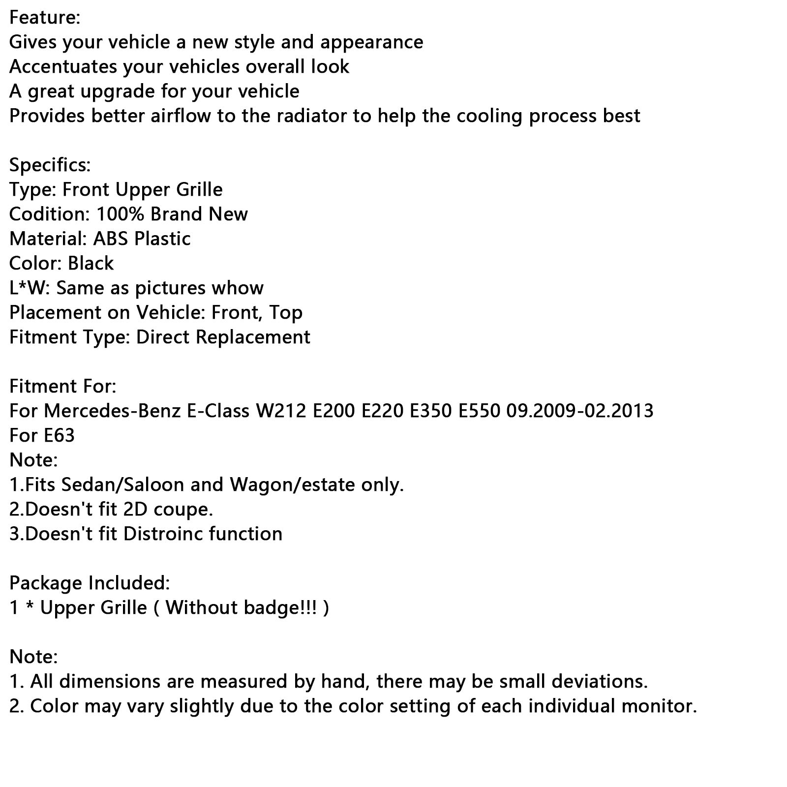 Črna sprednja maska ​​za Mercedes-Benz razreda E W212 E350 E550 2010–2013