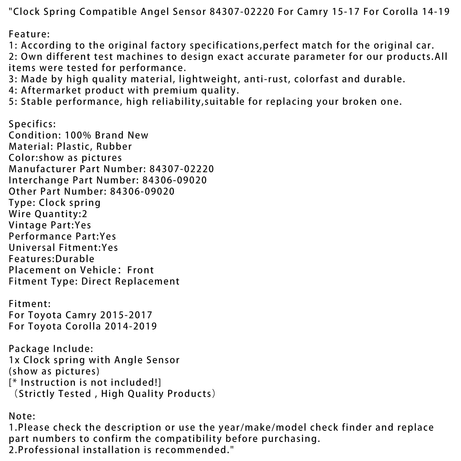 Vogalni senzor, združljiv z uro Spring 84307-02220 za Camry 15-17