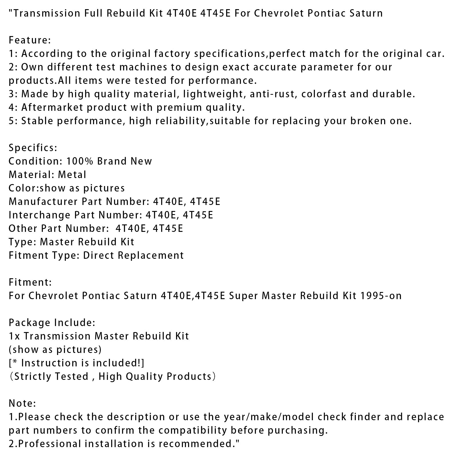 Kompletny zestaw rekonstrukcji transmisji dla Chevrolet Pontiac Saturn 4T40E 4T45E od 1995 r.