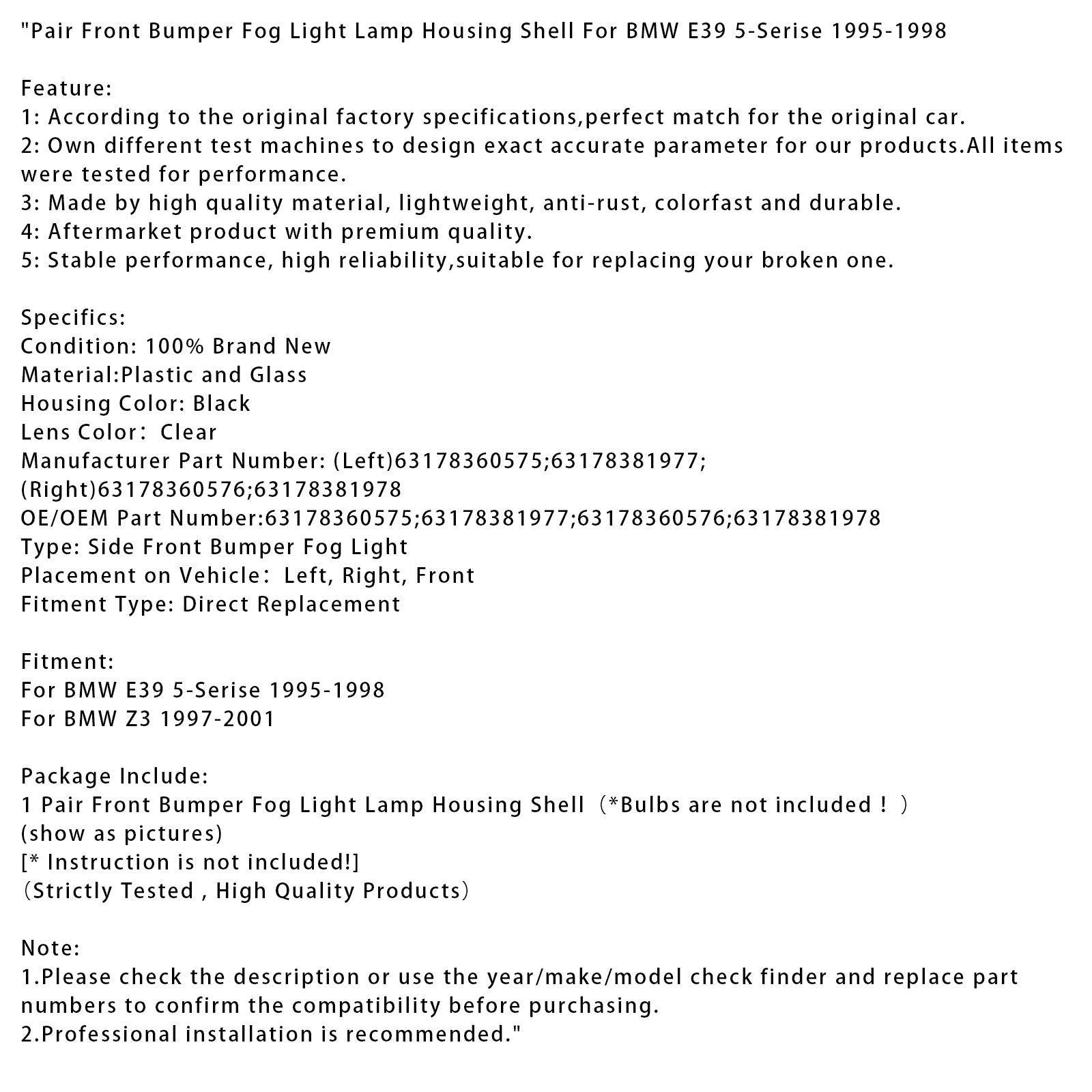 Paire de coques de phares antibrouillard pour pare-chocs avant, pour BMW E39 Série 5 (1995-1998)