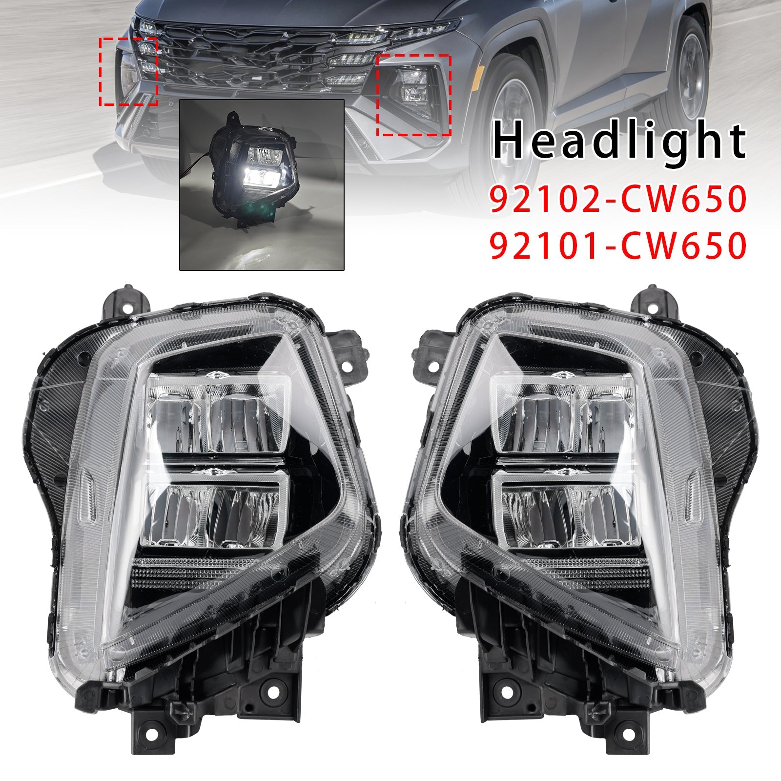 Ensemble de phares (2 pièces) pour Hyundai Tucson 2025-2026 : références 92102-CW650 et 92101-CW650