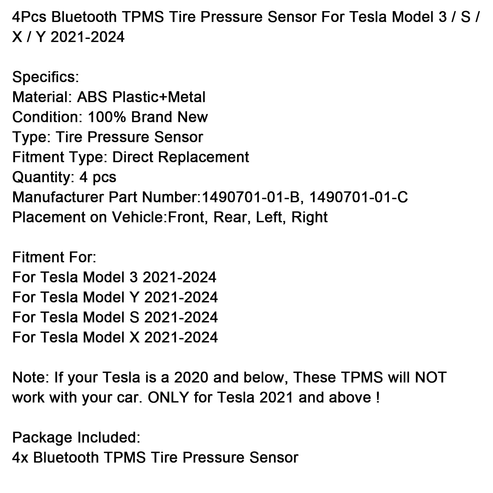 TPMS Bluetooth 4-delni senzor tlaka v pnevmatikah za Tesla model 3/s/x/y 2021-2024
