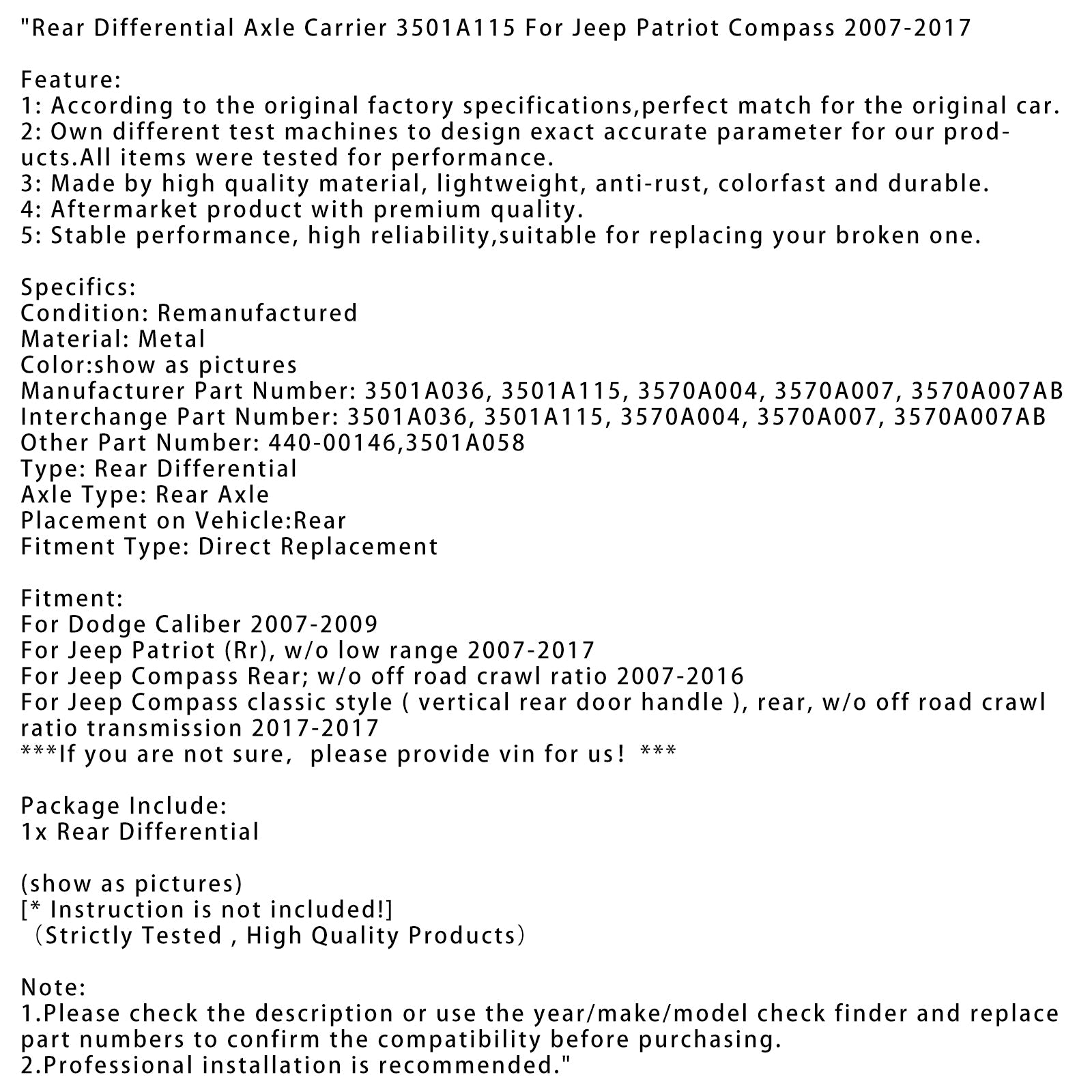 Jeep Patriot (RR) 2007-2017, senza differenziale posteriore a basso raggio, supporto per assali 3501A115 3501A036 3570A004