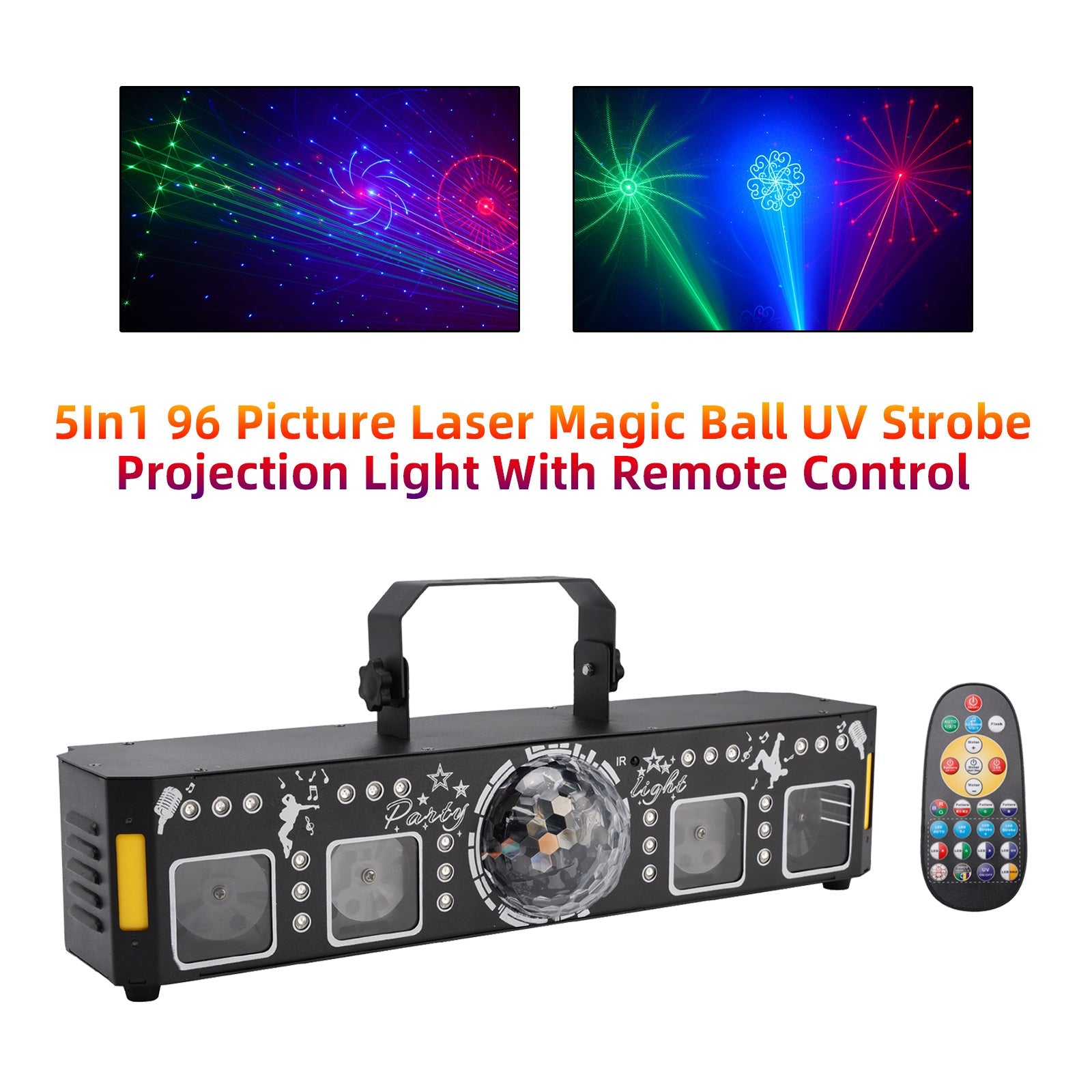 Projecteur laser magique 5 en 1 à 96 images avec stroboscope UV et télécommande