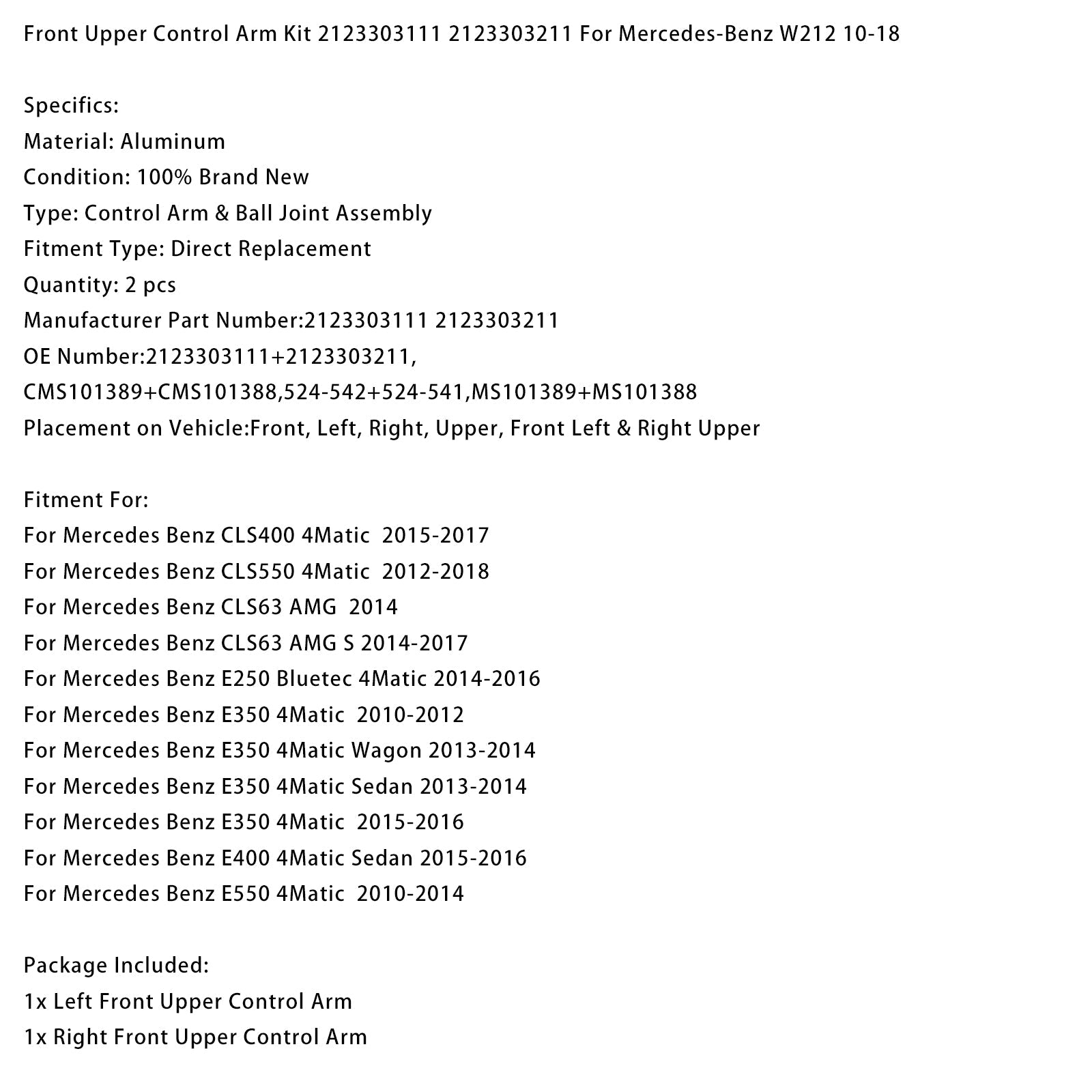 Kit de bras de suspension supérieur avant pour Mercedes-Benz E550 4Matic (2010-2014) - Références : 2123303111 et 2123303211