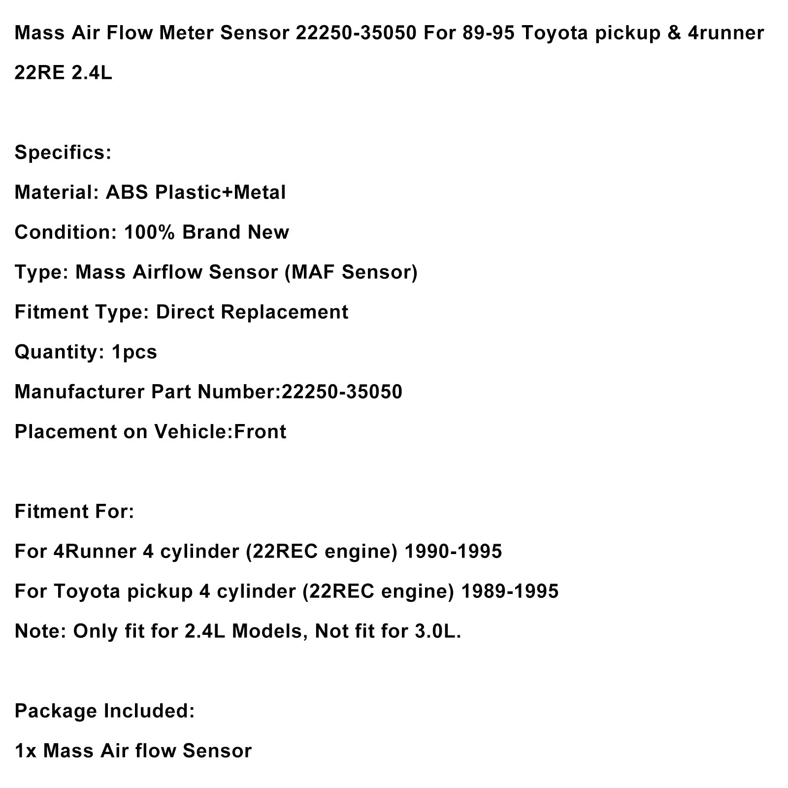 Stroommetersensor d&#39; Luchtmassameter 22250-35050 voor Toyota Pickup 4 cilinder (22REC motor) 1989-1995