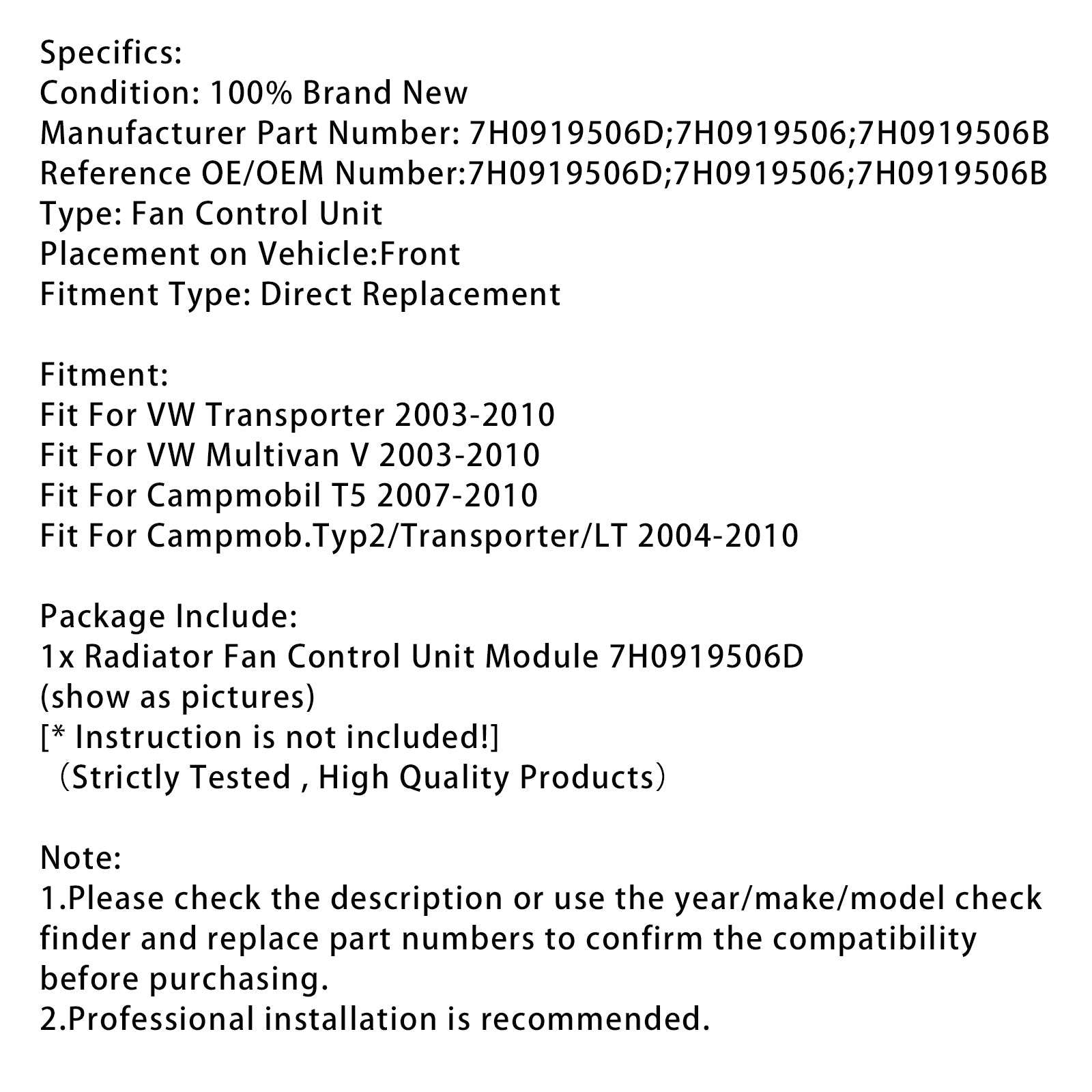 Module de commande de ventilateur de radiateur pour VW Transporter T5 03-10 7H0919506D