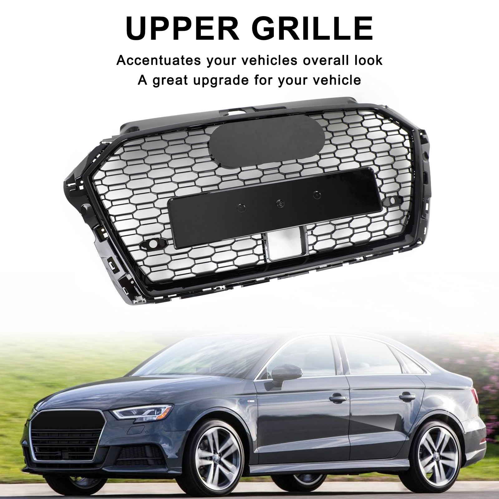 Grille avant style nid d'abeille RS3 pour Audi A3 S3 2017-2019 avec ACC, noir brillant.