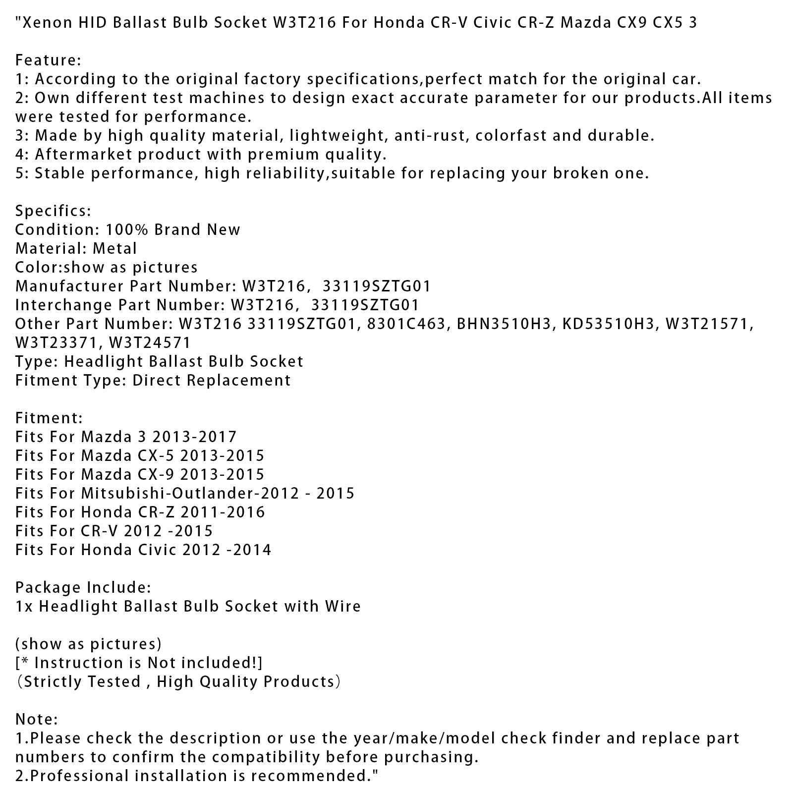 Vtičnica za ksenonsko žarnico HID W3T216 za Hondo CR-V, Civic, CR-Z, Mazdo CX-9, CX-5 3