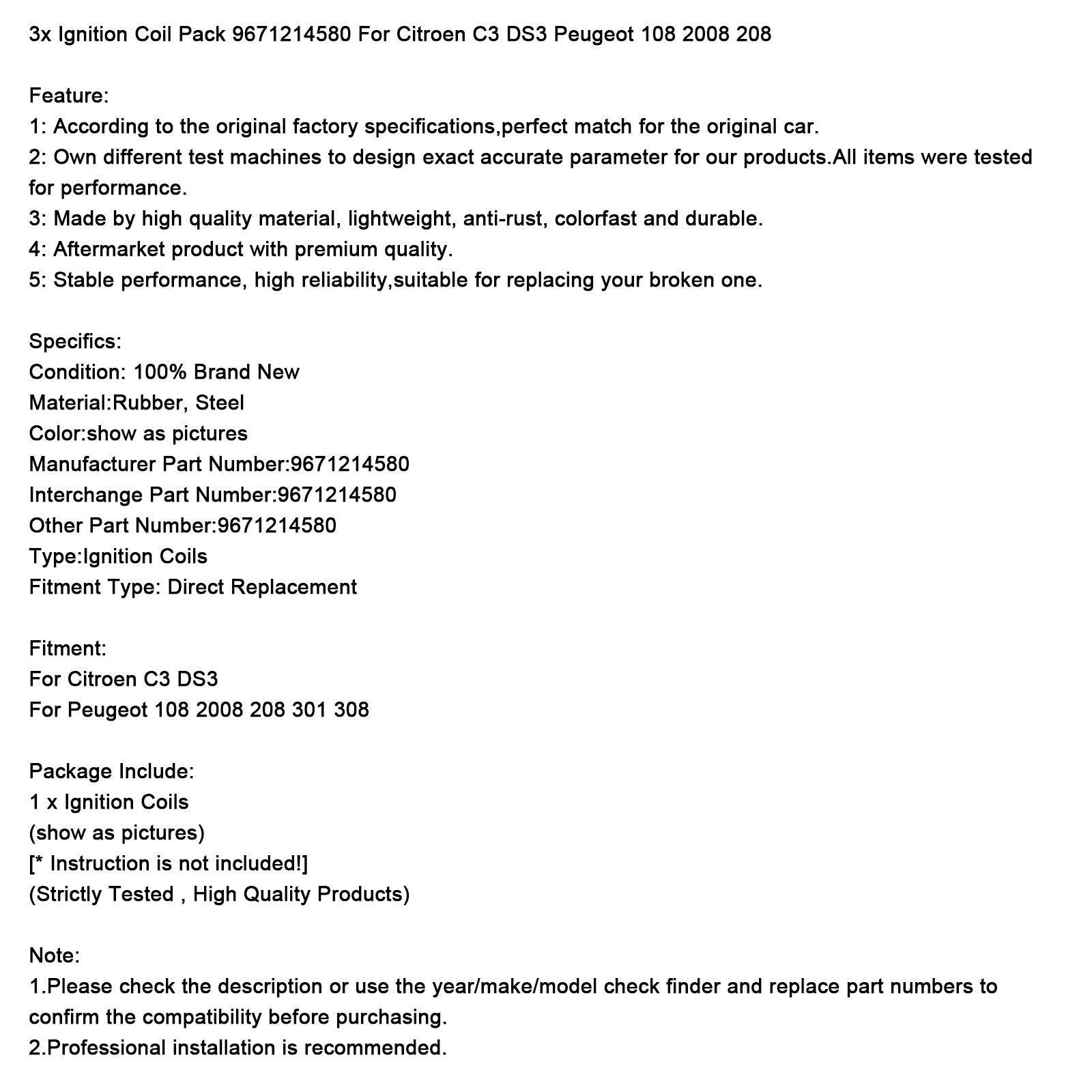 Zestaw 3 rolek'Zapłon 9671214580 dla Citroën C3 DS3 Peugeot 108 2008 208