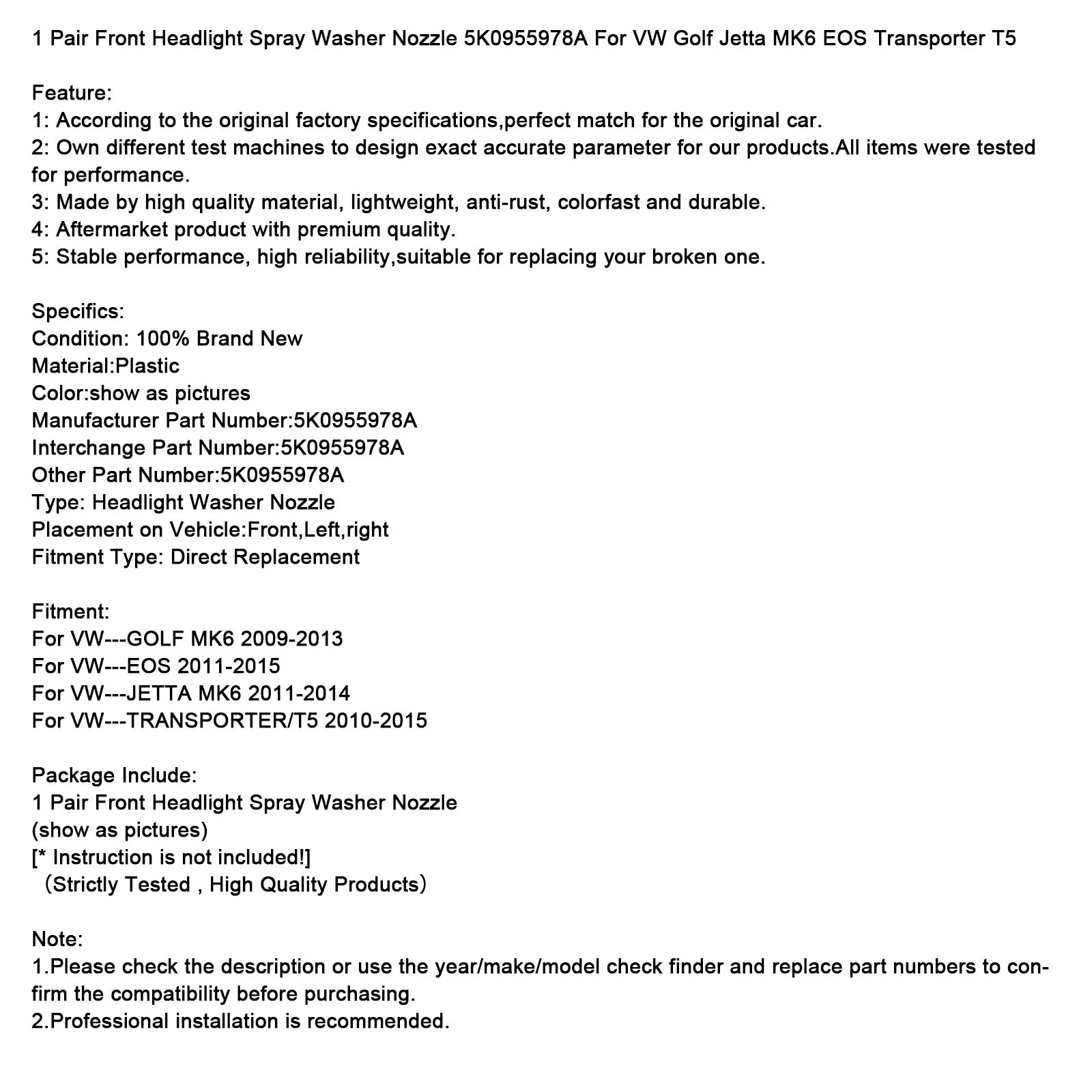 1 paire de buses de lave-phares avant 5K0955978A pour VW Golf Jetta MK6