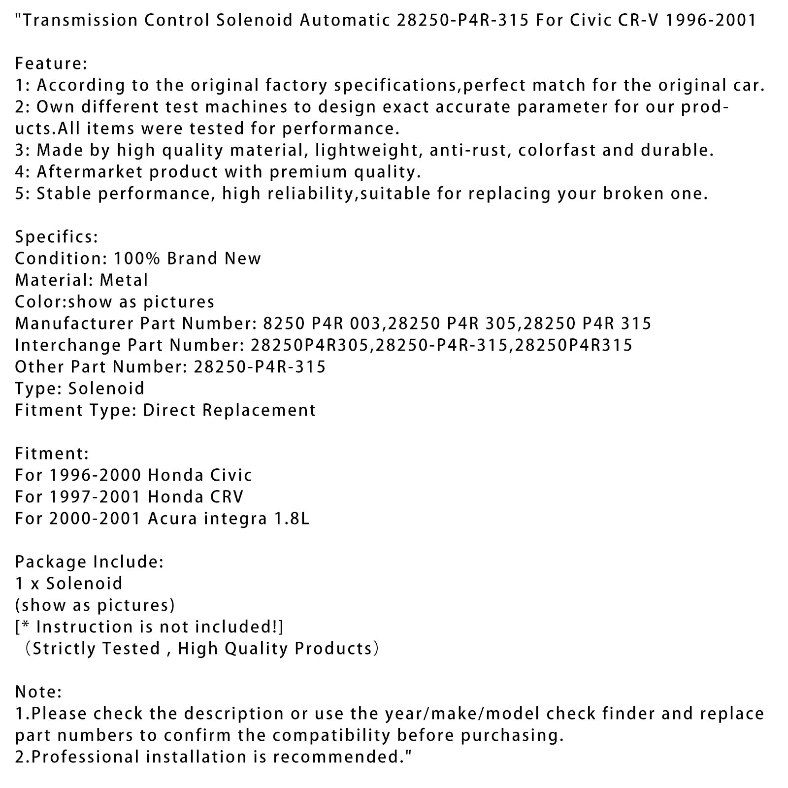 Samodejni regulator menjalnika malenoida 28250-P4R-315 za Civic CR-V 1996-2001