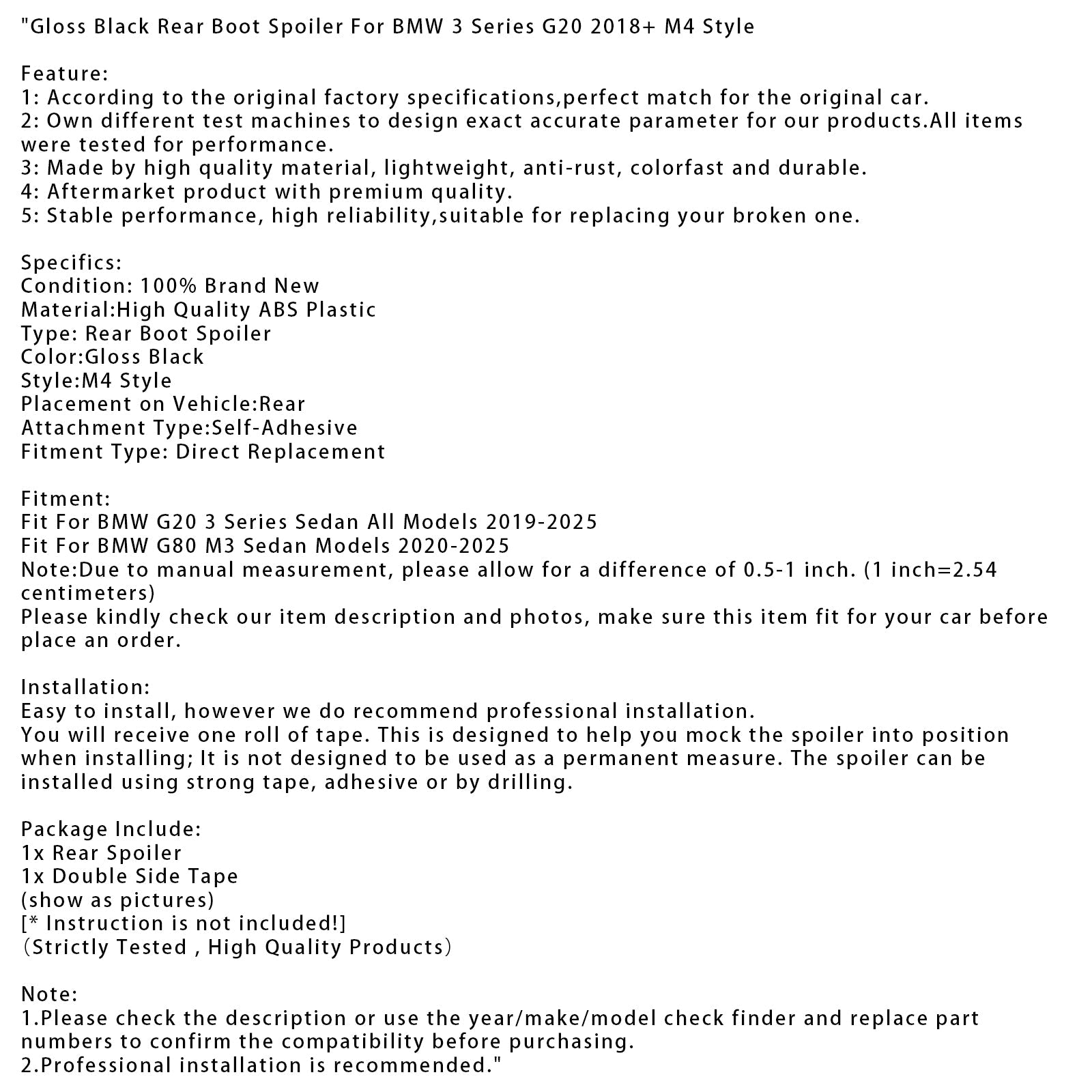 Czarny błyszczący tylny spoiler bagażnika do BMW serii 3 G20 G80 2018+ M4 style