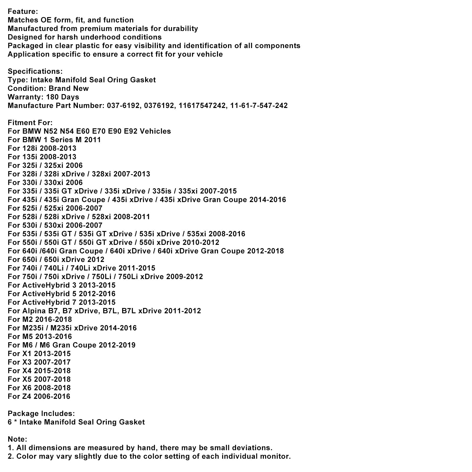 Lot de 6 joints de collecteur d'admission 037-6192 pour BMW E70 E90 E92 X4 X5 X6 3er 5er