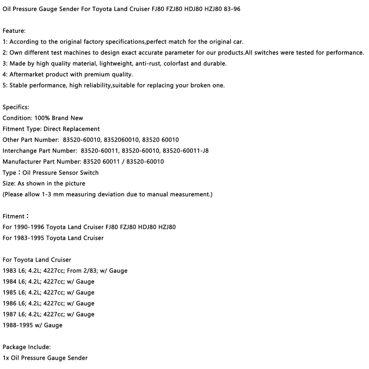 Expéditeur Pression D'huile Pour Toyota LandCruiser FJ80 FZJ80 HDJ80 HZJ80 83-96