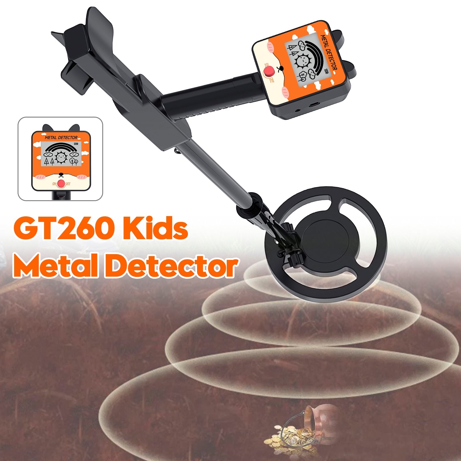 Detector de metales GT260 para niños resistente al agua con bobina de búsqueda de 6,3 pulgadas, color negro