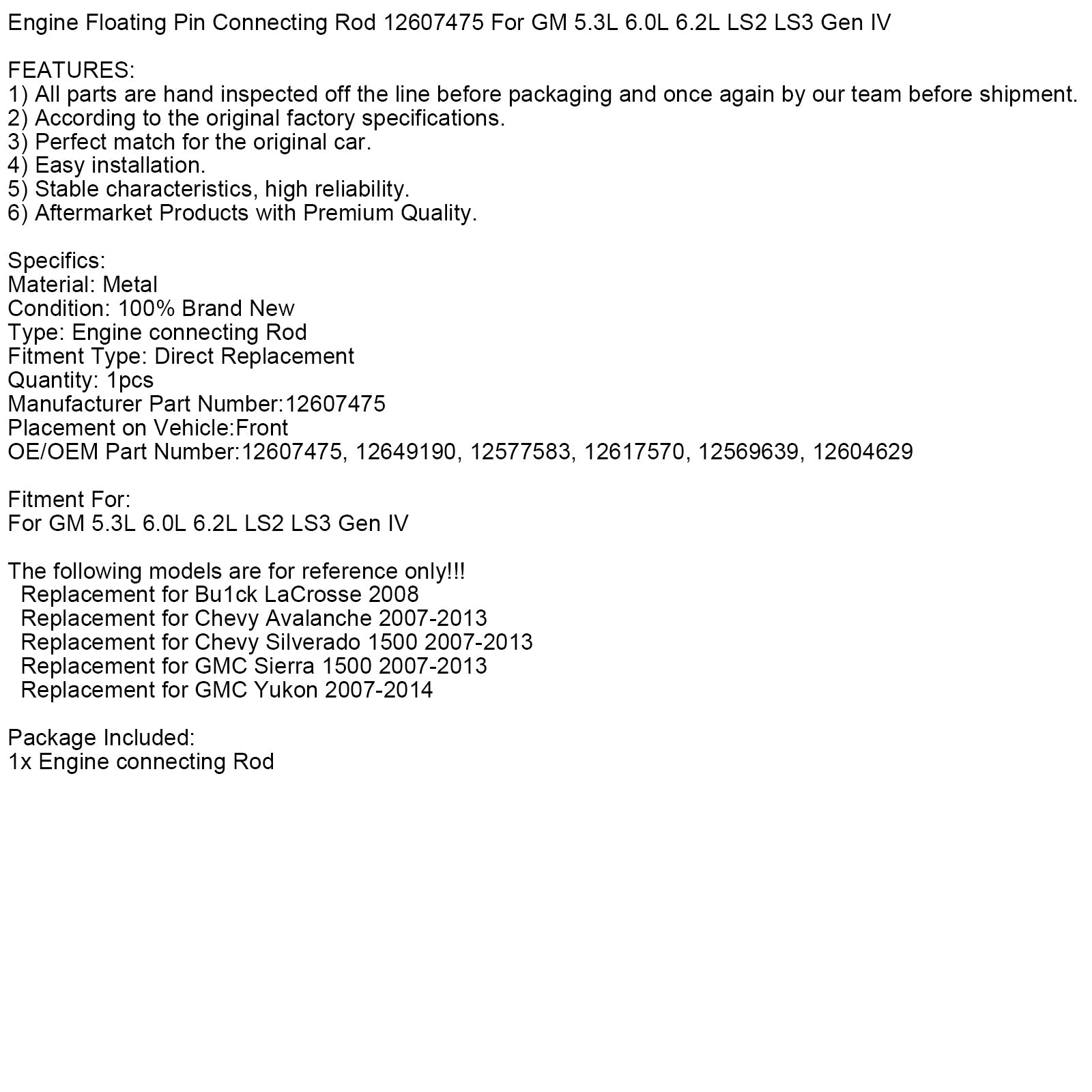 Bielle à axe flottant pour moteur GM 5,3 L, 6,0 L, 6,2 L, LS2, LS3, Gen IV, 12607475