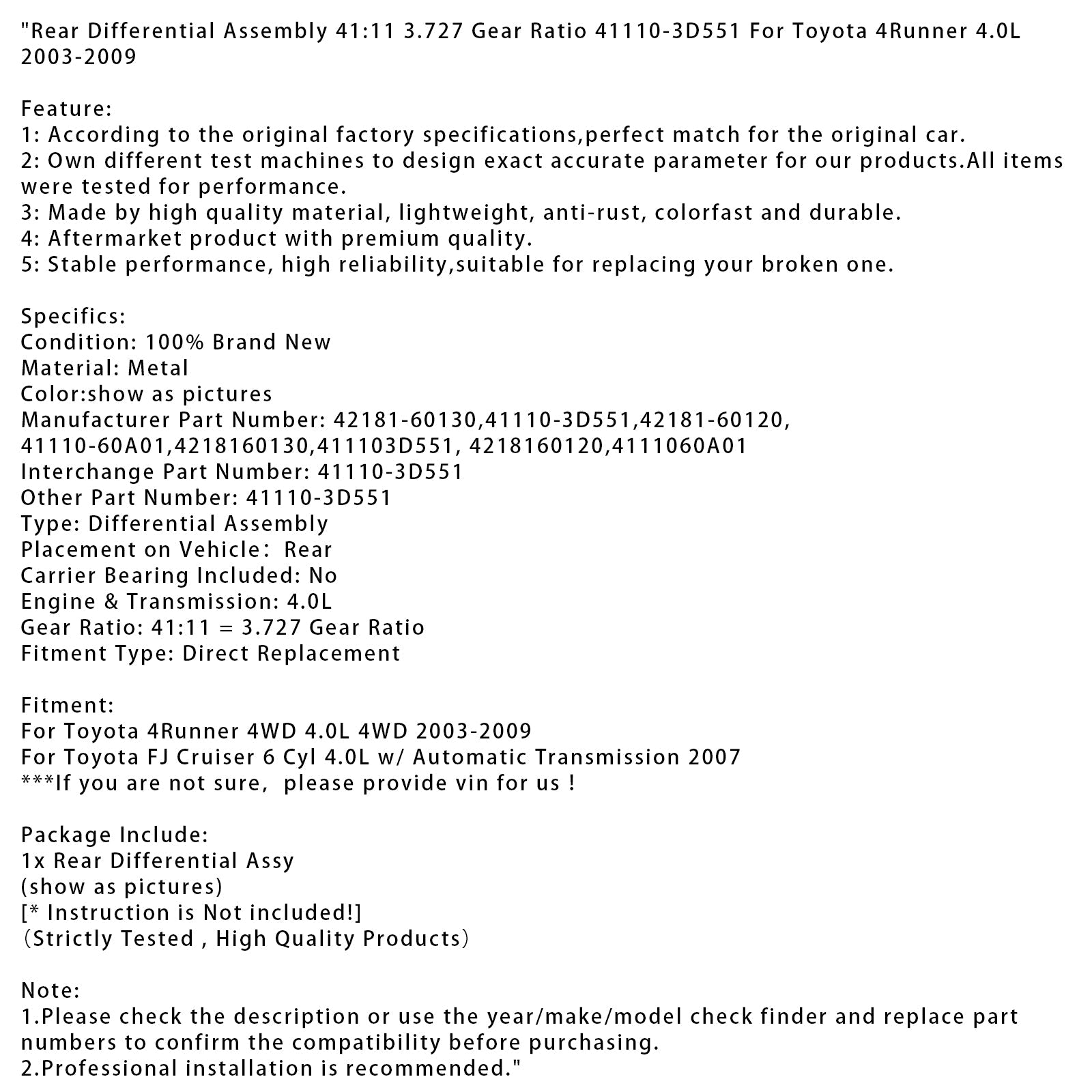 Differentiaalinen takaosa 41:11, 3,727 kertolasku, Toyota 4Runner 4.0L 2003-2009