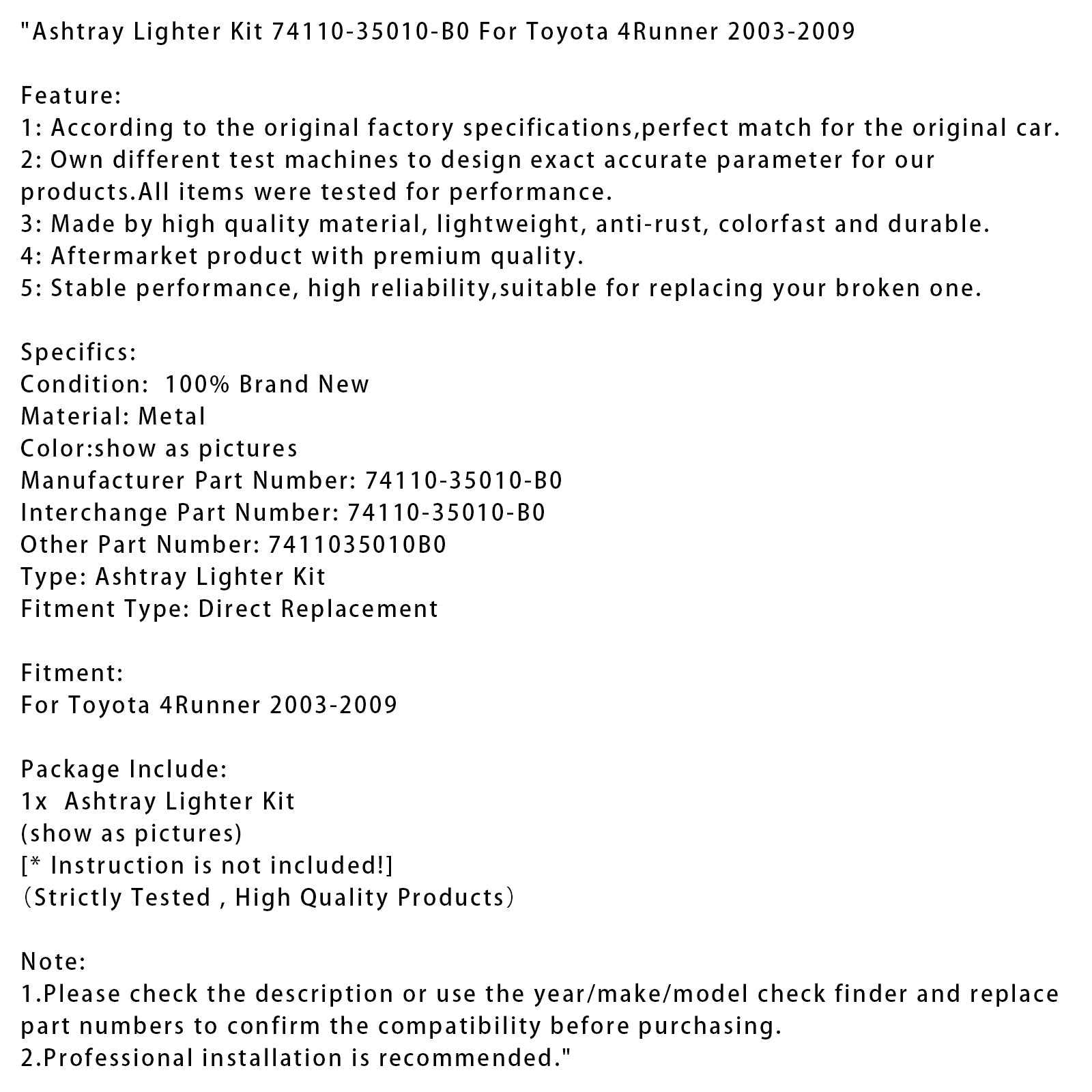 Kit allume-cigare pour cendrier Toyota 4Runner 2003-2009 74110-35010-B0 7411035010B0