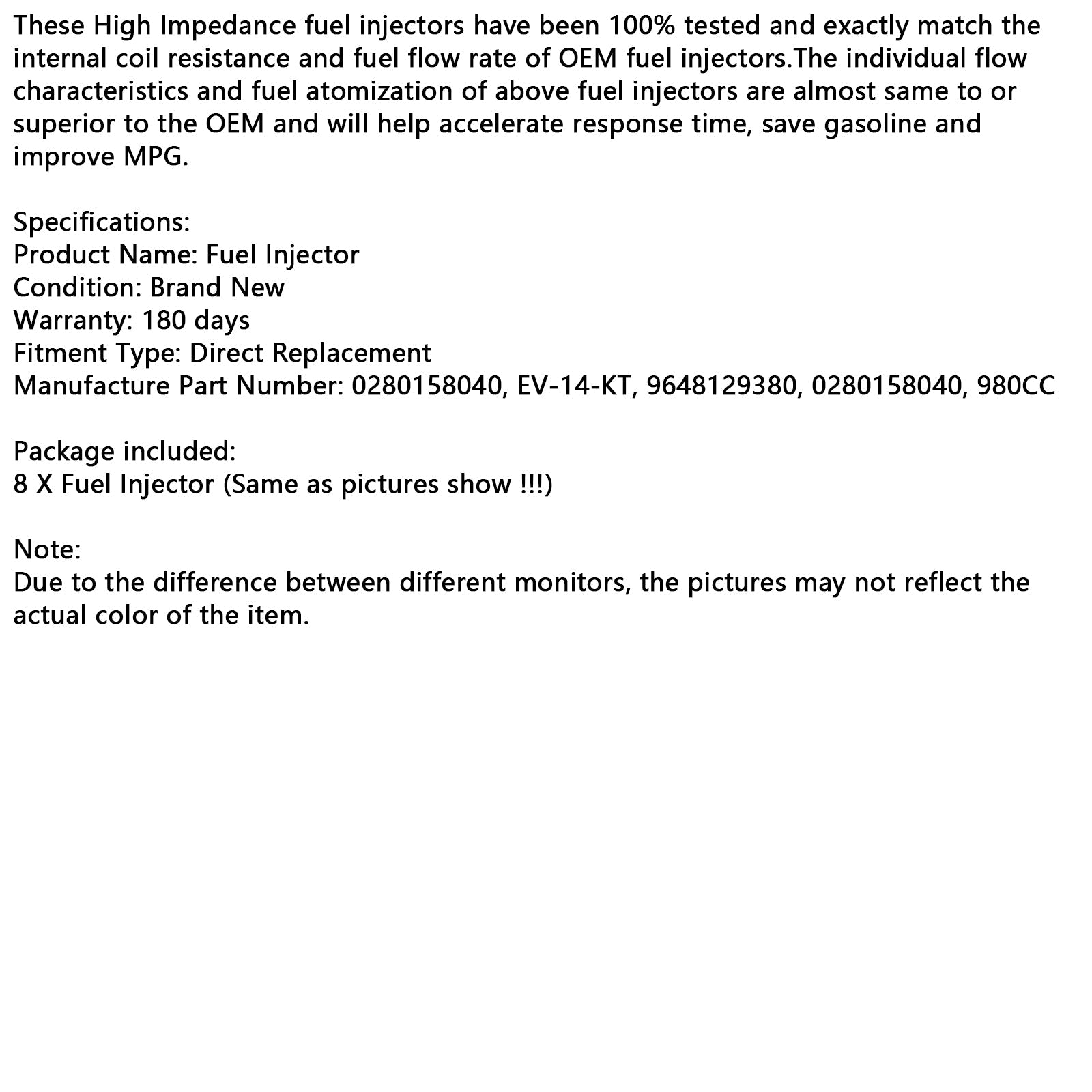 Injecteur de carburant 980 cc 8 pièces 0280158040 compatible avec valve de buse Bosch EV14KT essence