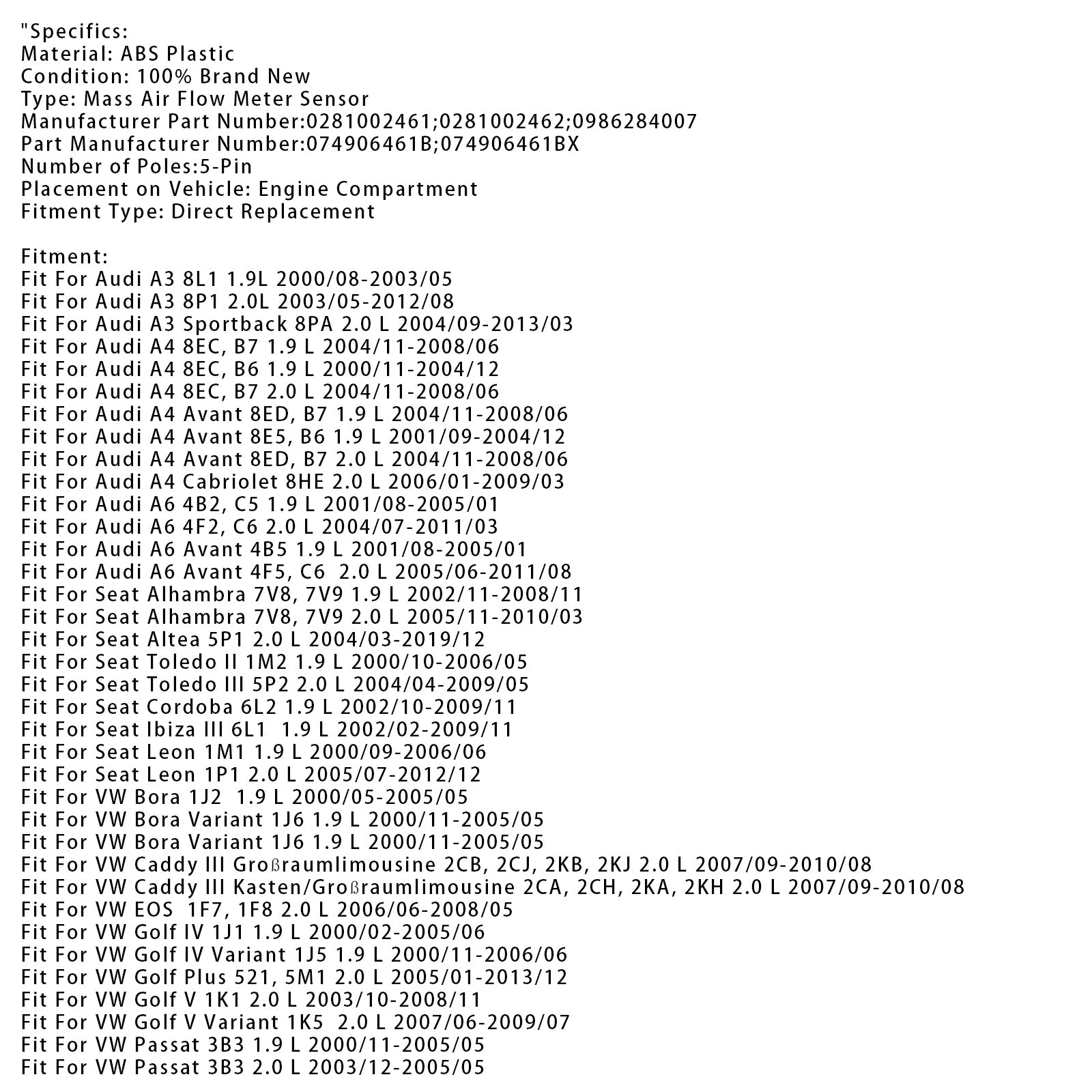 Senzor merilnika pretoka d'zračna masa za Audi A4 Golf IV VW Passat 3B Jetta III 074906461B