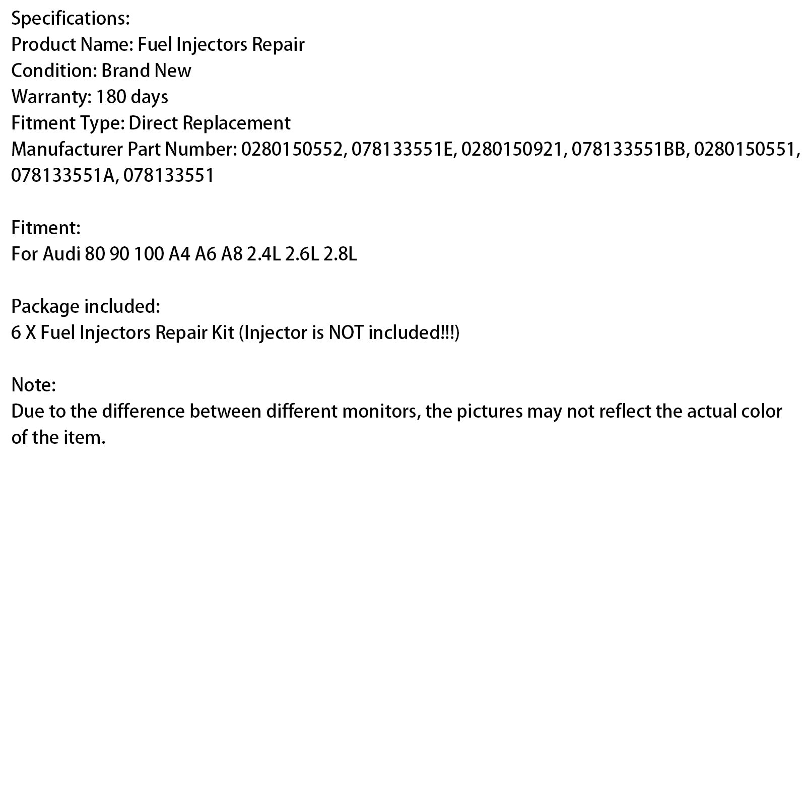 Conjunto de 6 juntas tóricas para inyector de combustible, para Audi 80, 90, 100, A4, A6, A8 2.4, 2.6, 2.8