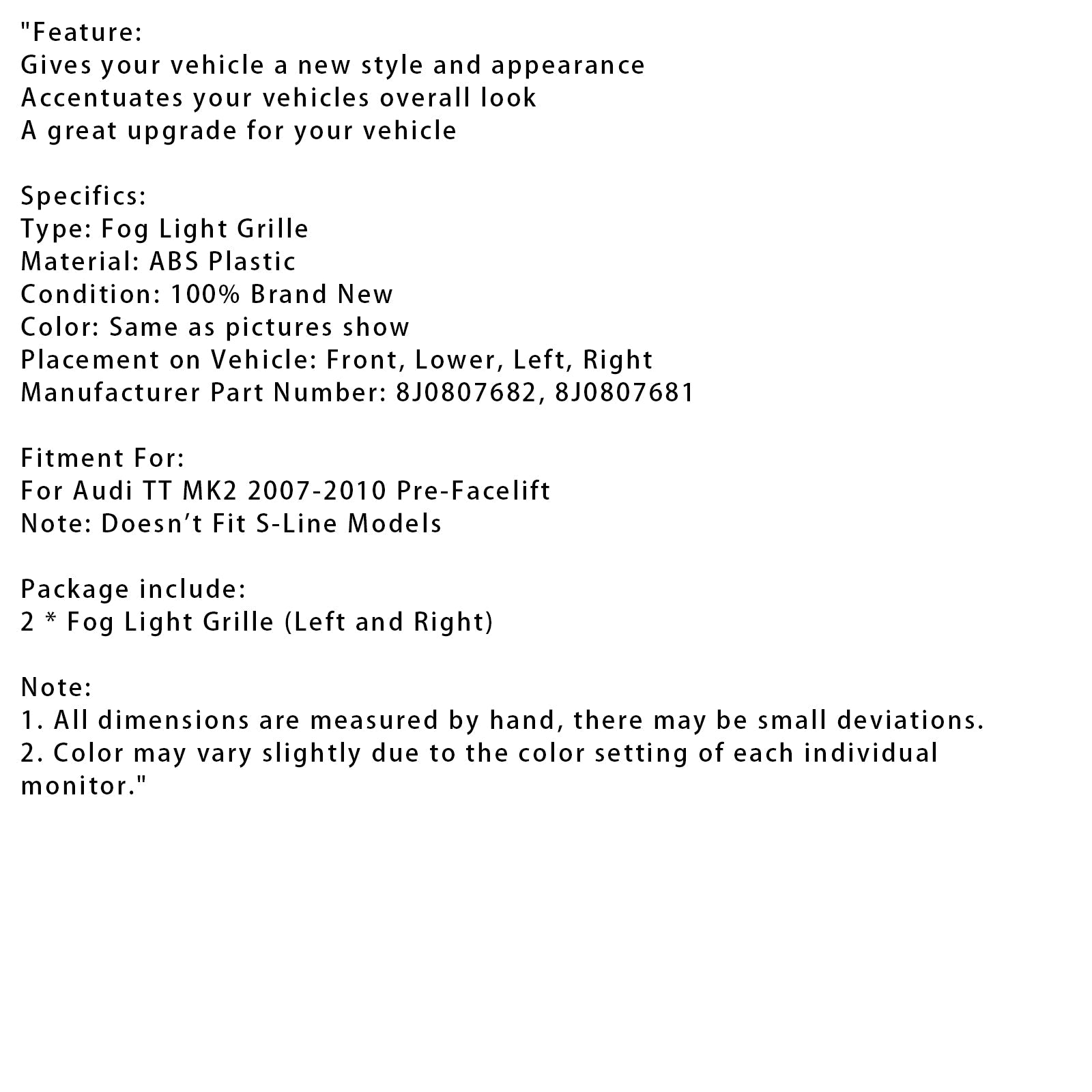 Grille de protection antibrouillard 2 pièces pour Audi TT MK2 2007-2010 8J0807682