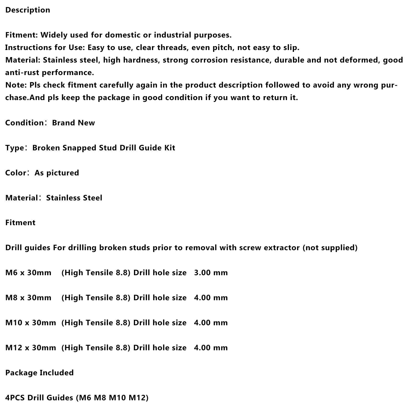 Kit de guía de perforación para pernos de acero inoxidable roto M6, M8, M10 y M12, 4 habitaciones