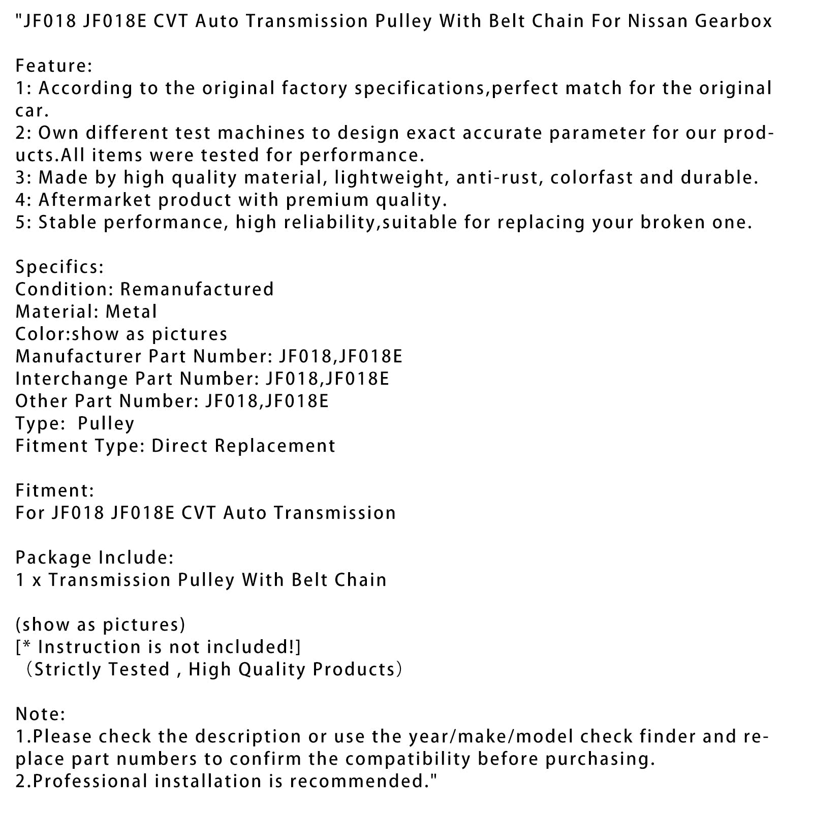 Polea de transmisión automática JF018 JF018E CVT con cadena de correa para caja de cambios Nissan