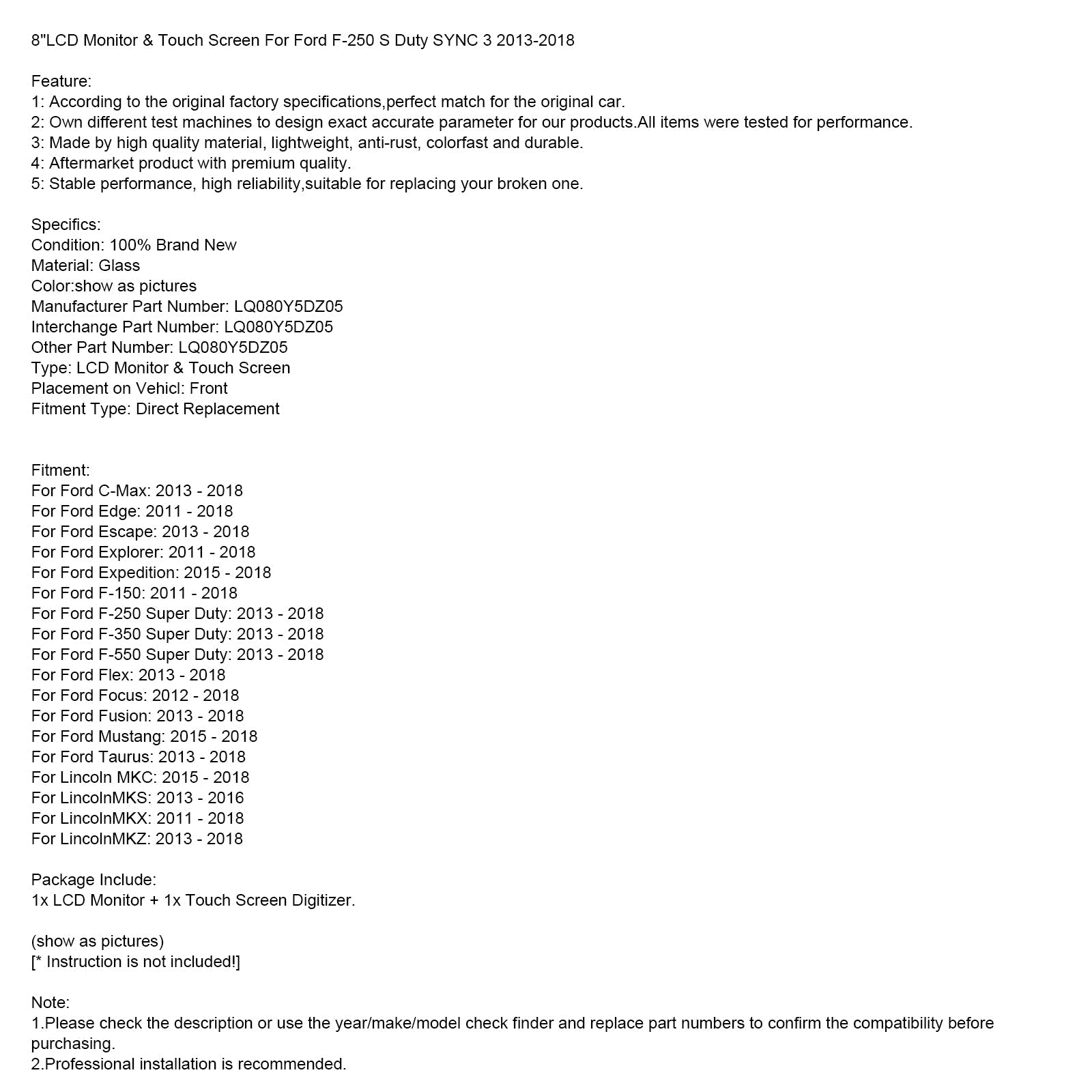 LCD-zaslon in zaslon na dotik za Ford F-250 Super Duty, letniki 2013–2018 8" LQ080Y5DZ05