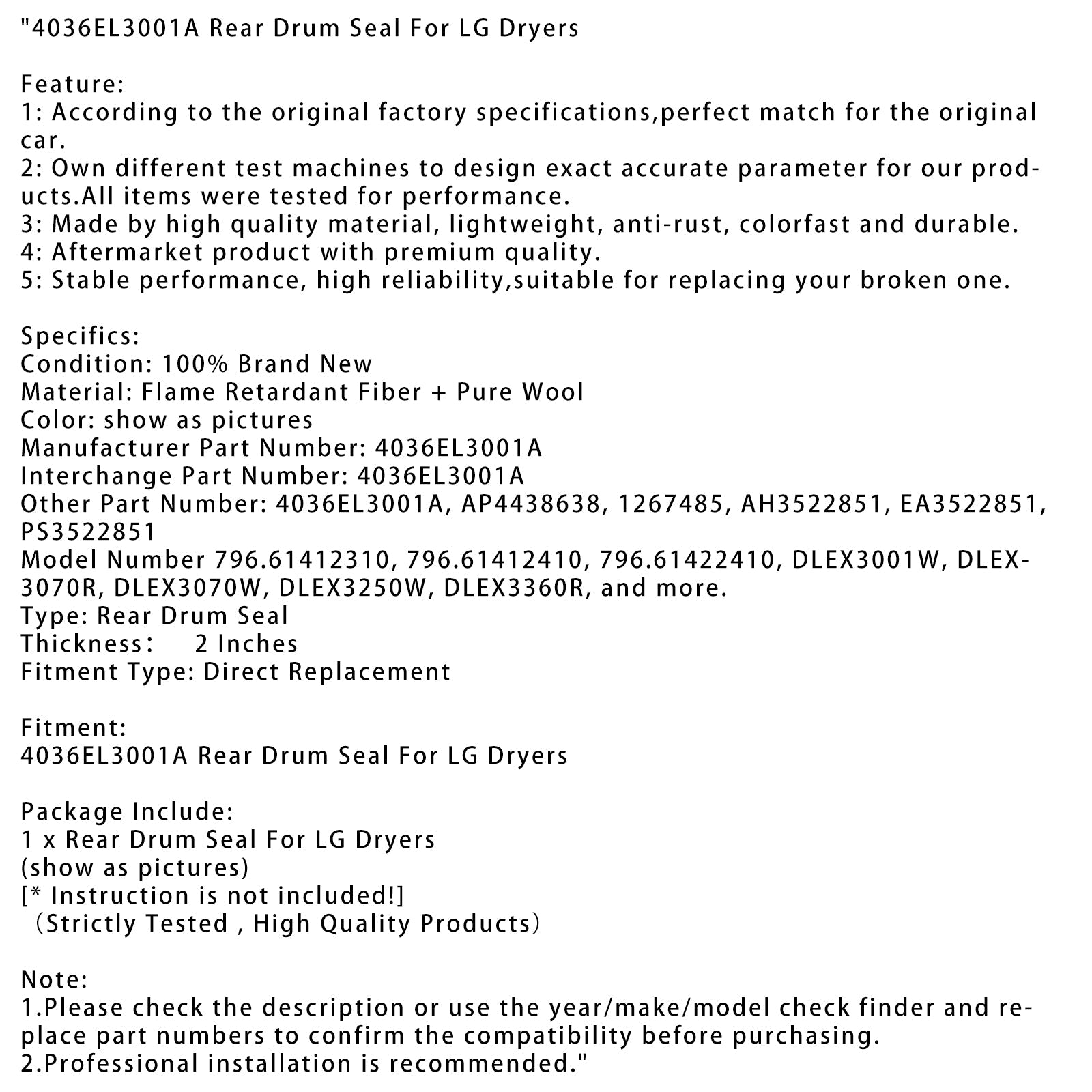 Tylna uszczelka bębna do suszarki LG 4036EL3001A